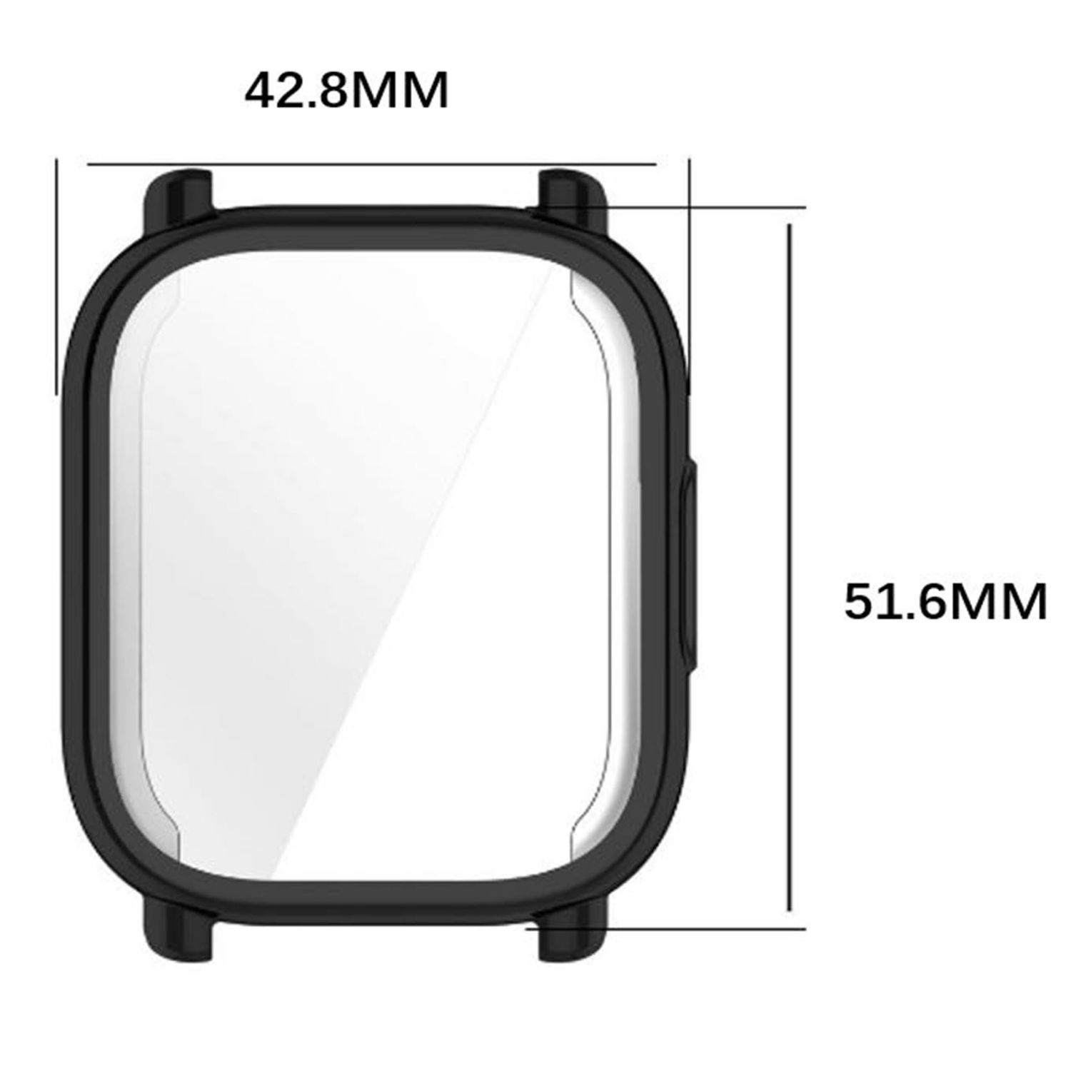 Ein schwarzer Uhren-Displayschutz mit Größenangaben, 42,8 mm x 51,6 mm.