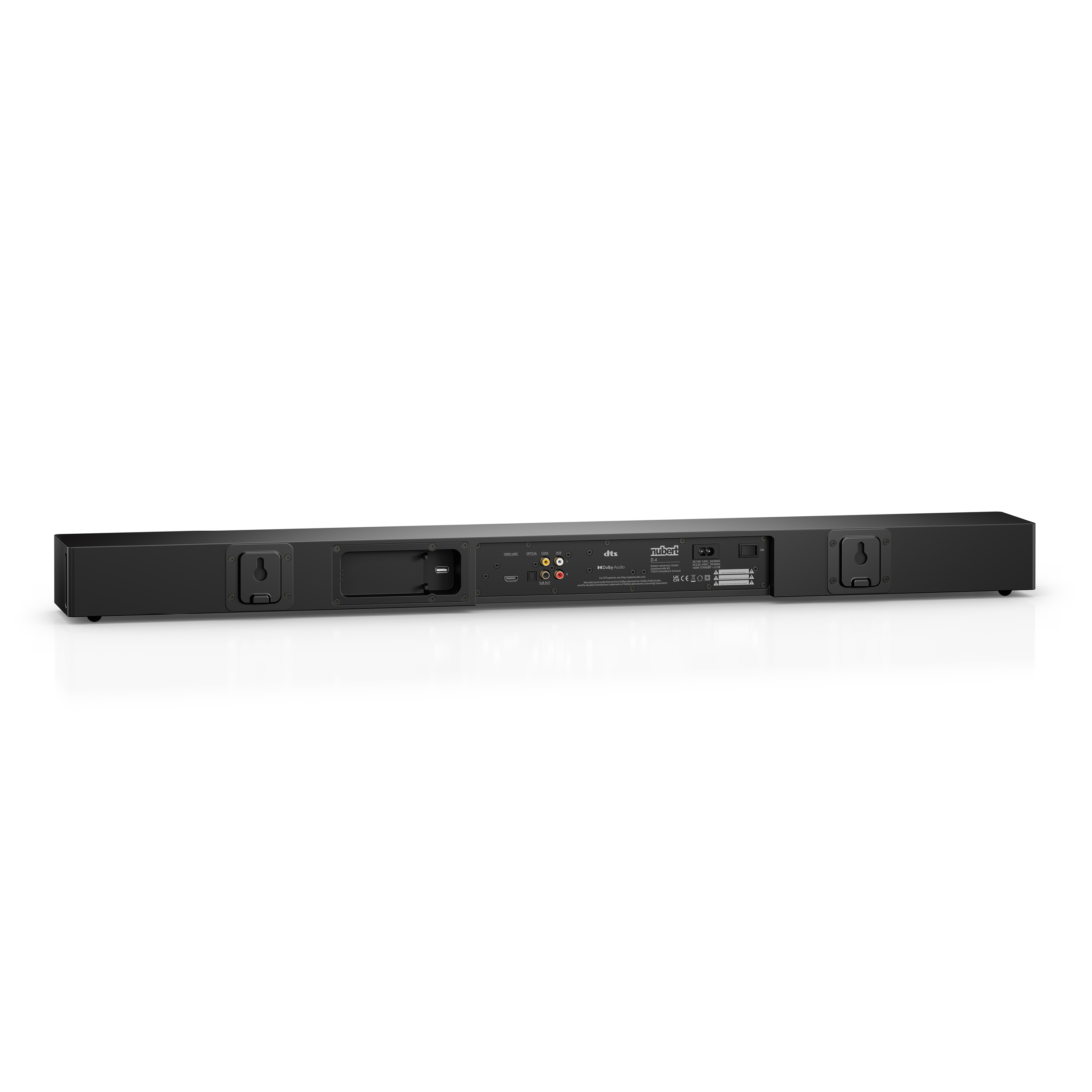 Rückseite einer schwarzen Soundbar. Sie hat mehrere Anschlüsse und das Logo der Marke.