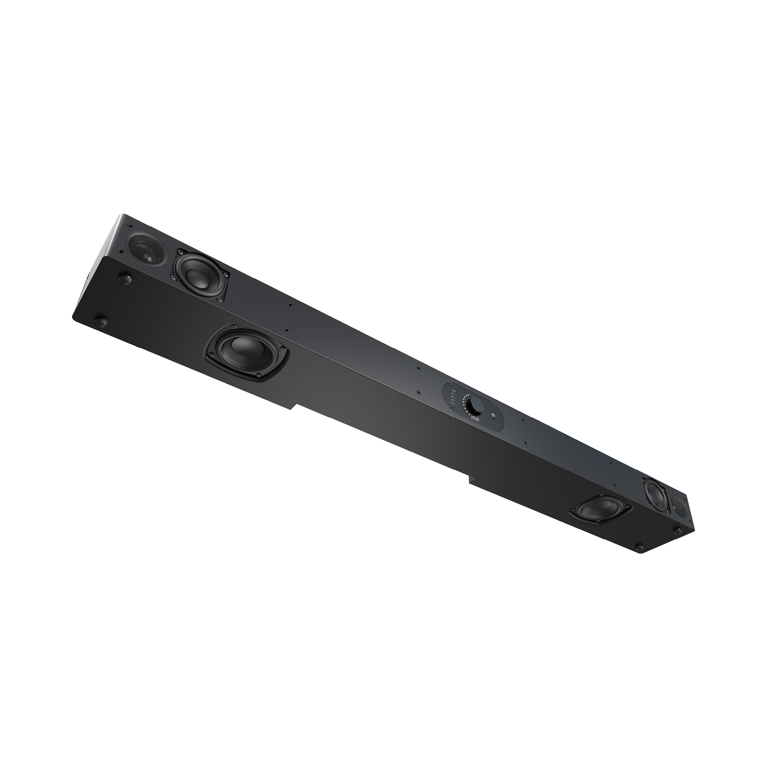 Eine schwarze Soundbar mit mehreren Lautsprechern und einem Lautstärkeregler, isoliert auf weißem Hintergrund.