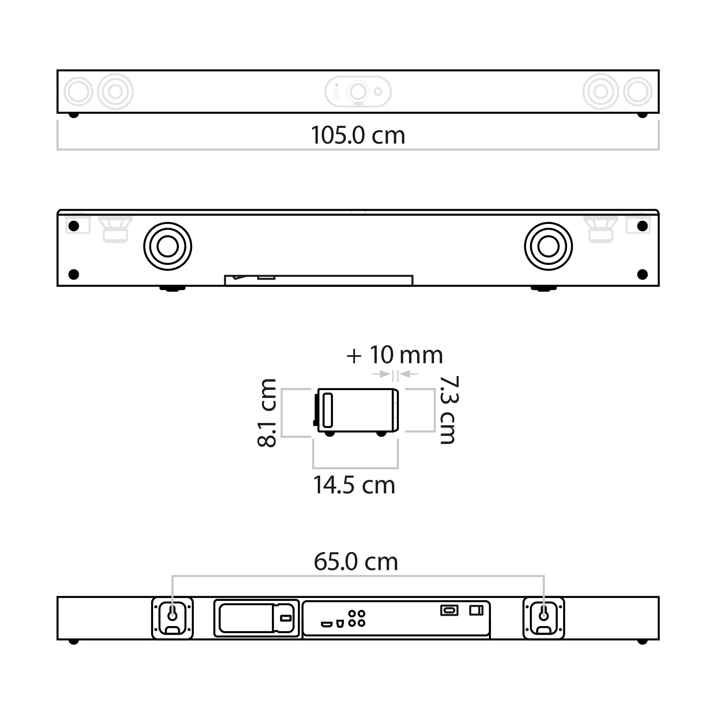 Technische Zeichnung einer Soundbar. Sie hat Abmessungen und ein kleines Diagramm.