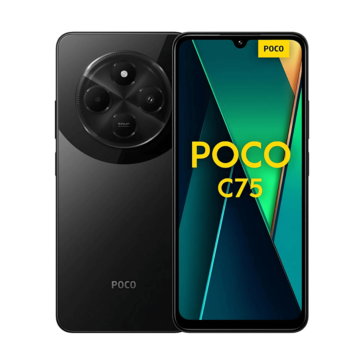 Smartphone negro con tres cámaras traseras y una pantalla que muestra un gráfico verde y amarillo.