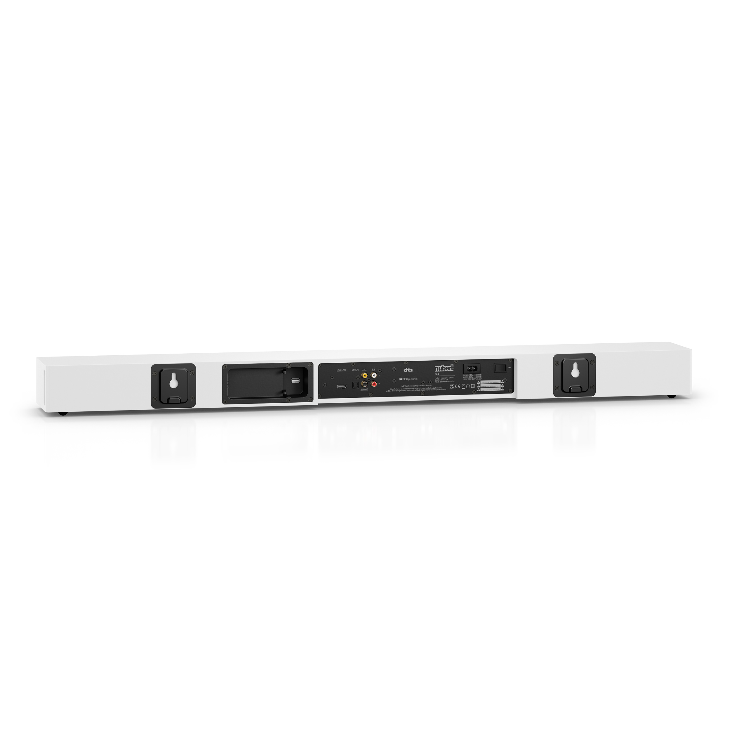Weiße Soundbar mit sichtbarer Rückseite, weißer Hintergrund.