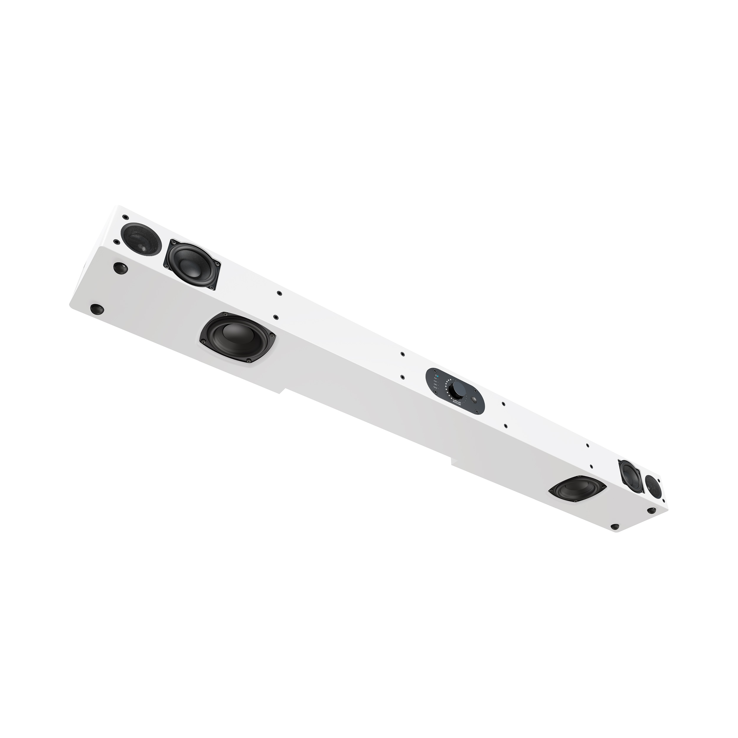 Weißer Soundbar mit Lautsprechern und Bedienfeld, auf weißem Hintergrund.