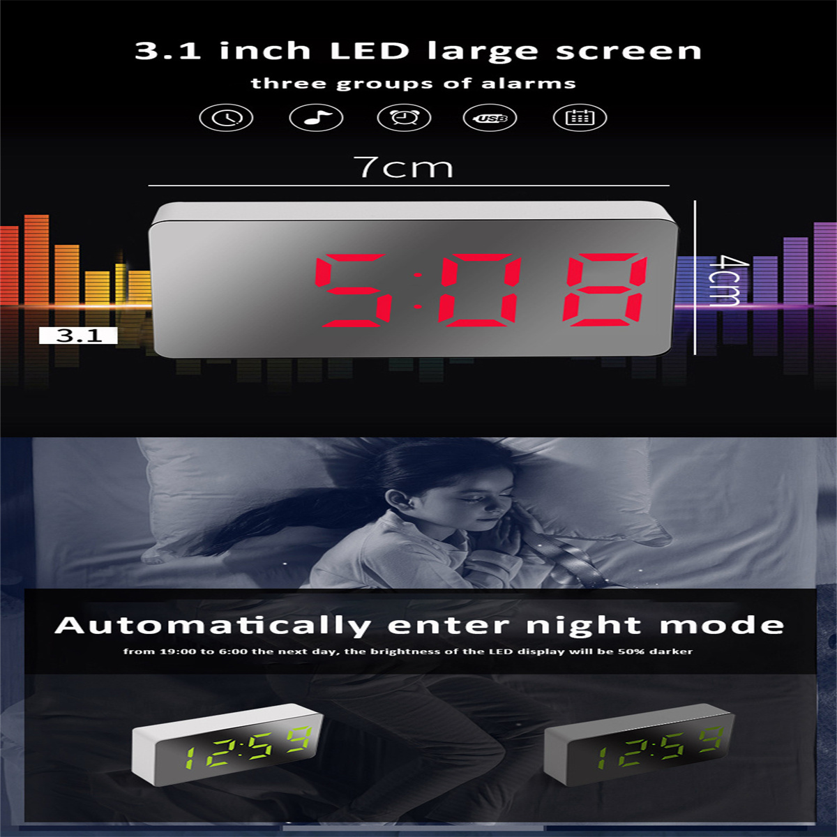 Digitaler Wecker mit der Anzeige 5:08. Das Bild zeigt eine schlafende Person.