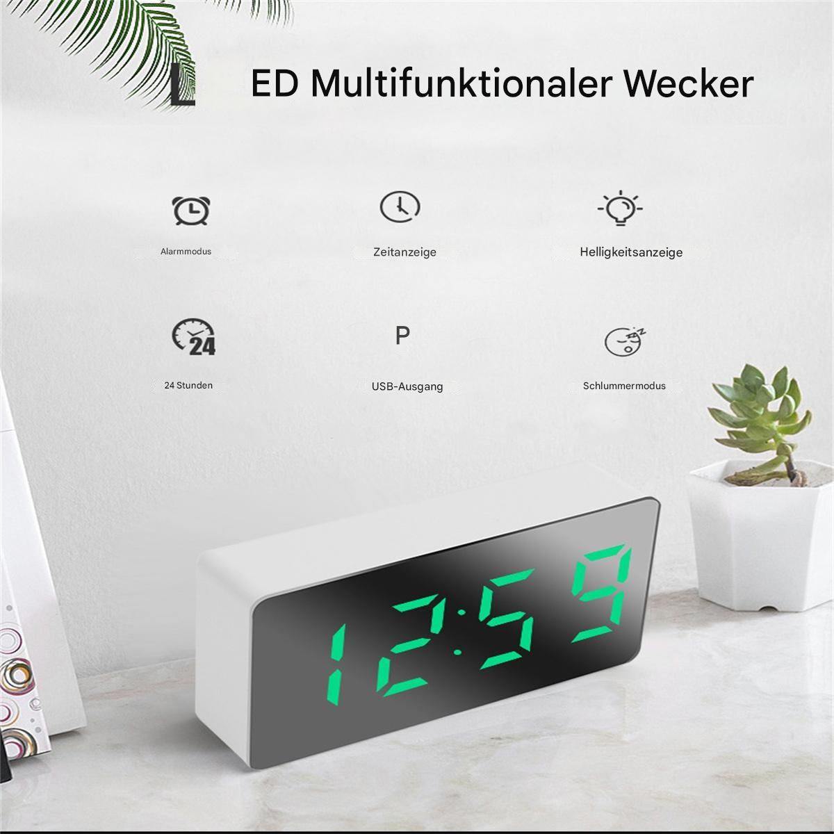 Digitaler Wecker mit grüner Anzeige, zeigt Uhrzeit und andere Funktionen.