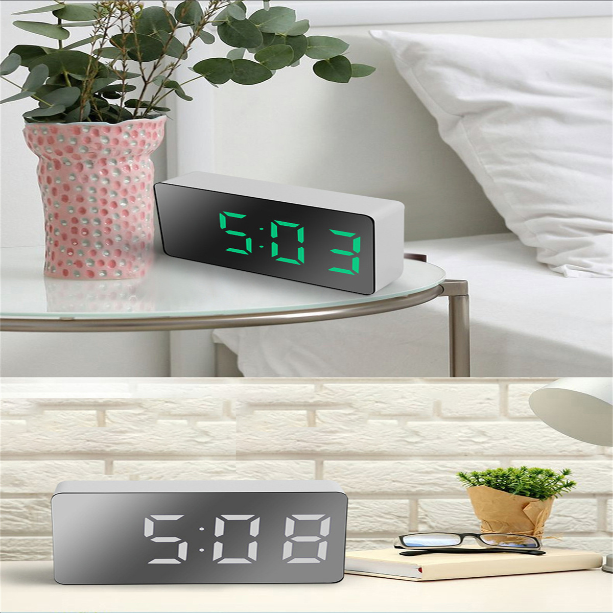 Digitaluhr zeigt 5:03 auf einem Nachttisch. Das untere Bild zeigt 5:08 auf einem Tisch.