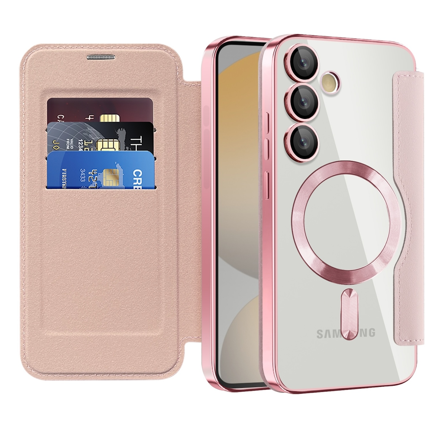 Rosafarbene Handyhülle mit Kreditkarten. Telefon sichtbar. Metallisch rosa Umrandung.