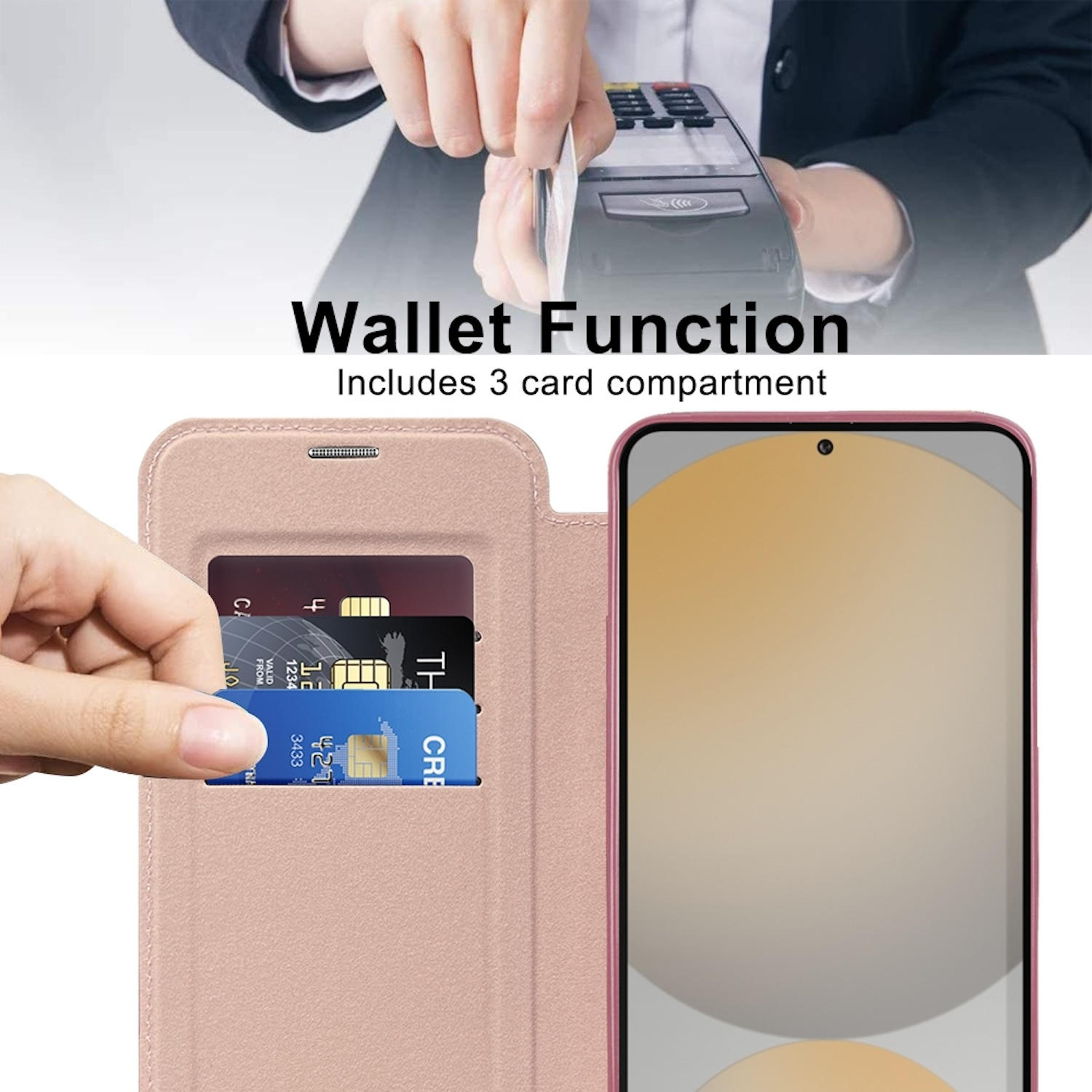 Handy-Hülle mit Kartenfächern. Hand legt Karte in die Hülle. Handy und Kartendetails sichtbar.