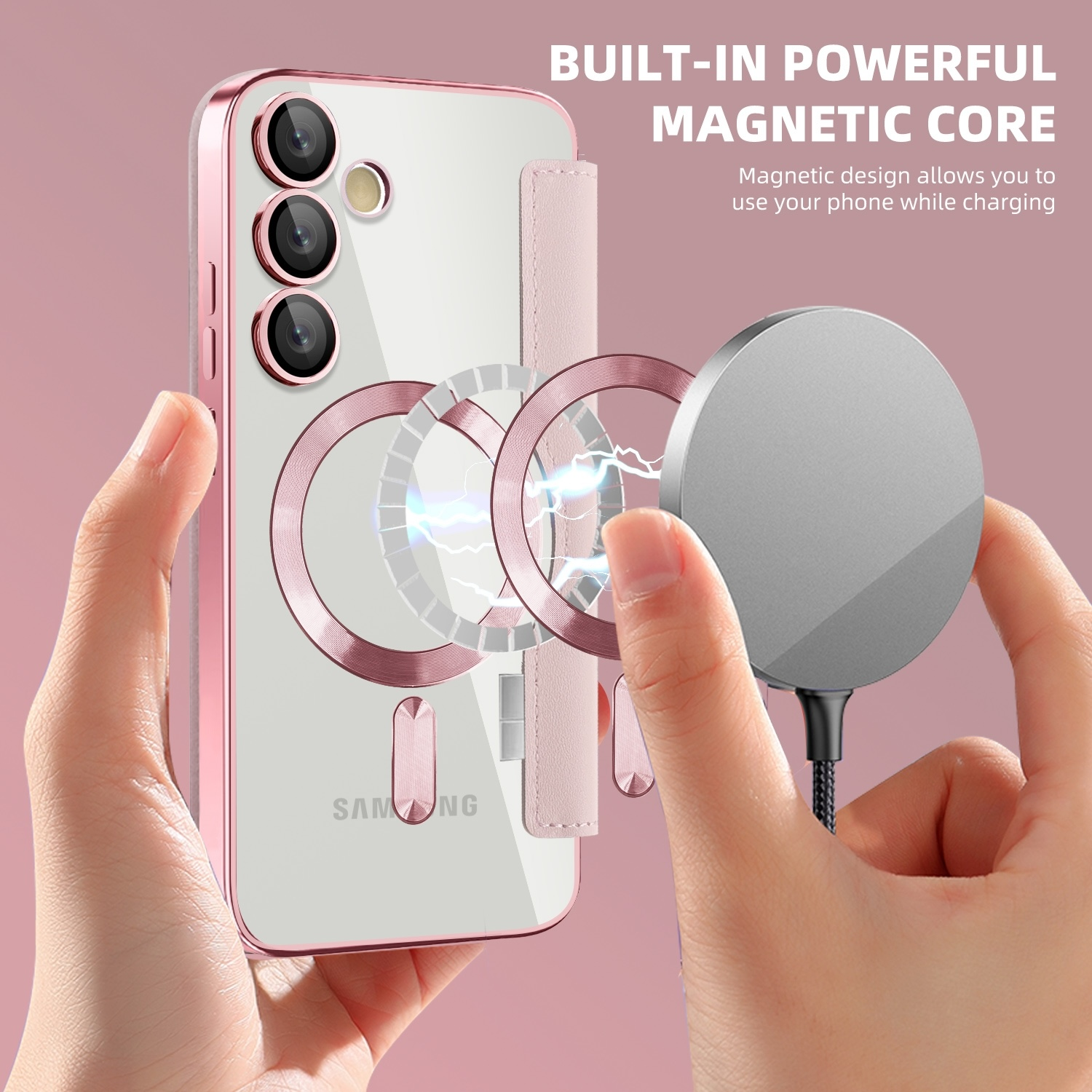 Smartphone mit rosa Hülle, magnetischem Ladegerät und Hand, die das Ladegerät hält.