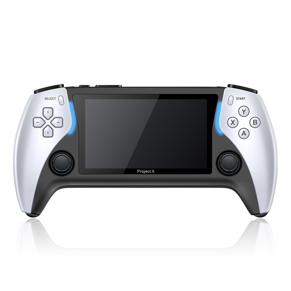 Eine Handheld-Konsole mit schwarzem Bildschirm und silbernen Seiten.