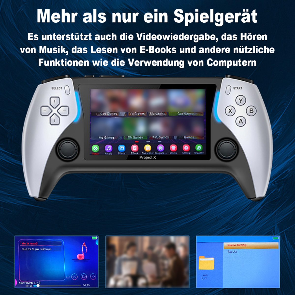 Eine Handheld-Spielkonsole mit Knöpfen, einem Bildschirm und drei kleineren Bildschirmen unten.
