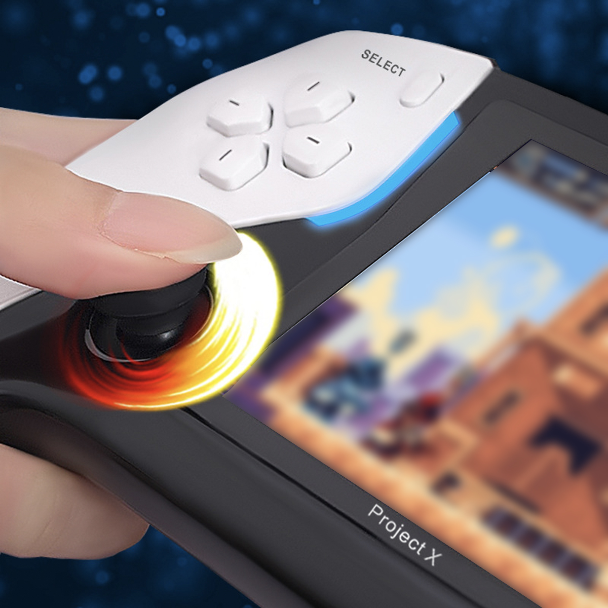Hand hält eine Retro-Handheld-Spielkonsole. Joystick und Knöpfe sichtbar, Bildschirm unscharf.