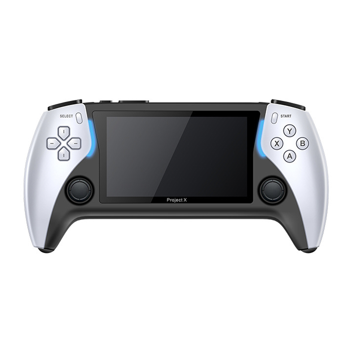 Handheld-Konsole, schwarz und silber, mit Knöpfen und einem Bildschirm, auf weißem Hintergrund.