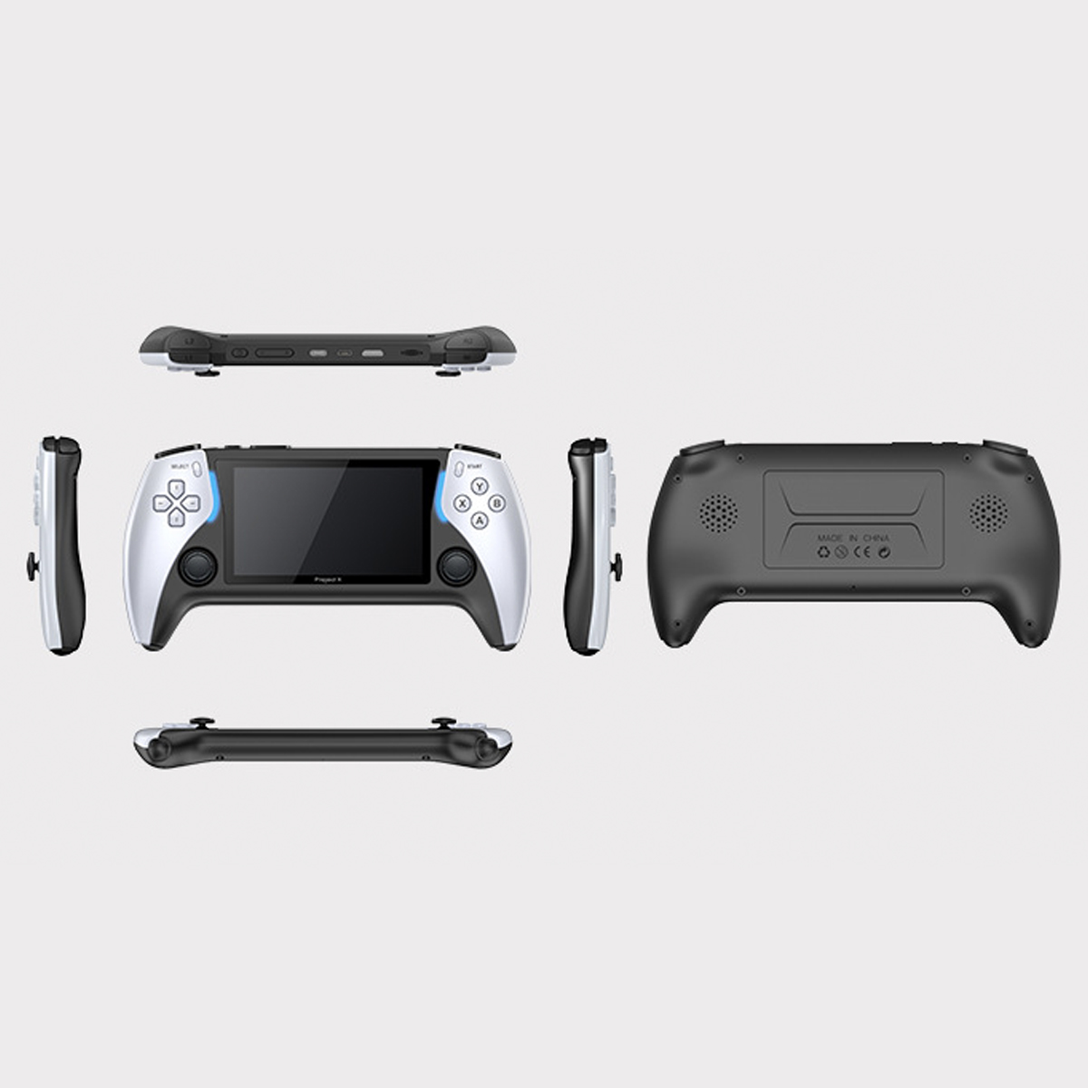 Ein Handheld-Gaming-Gerät in mehreren Ansichten: vorne, hinten, Seiten und oben, alles auf weißem Untergrund.
