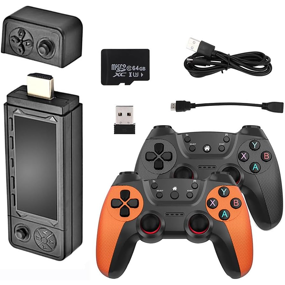 Dispositivo di gioco con controller, scheda SD e cavi. Due controller sono arancioni e neri.