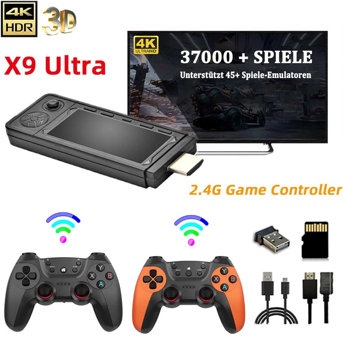 Una console di gioco con due controller, cavi e altri accessori su sfondo bianco.