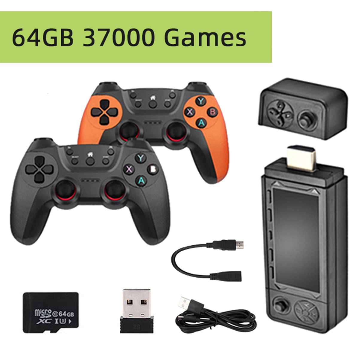 Due controller di gioco e una console. I controller hanno accenti arancioni e neri. La console è nera.