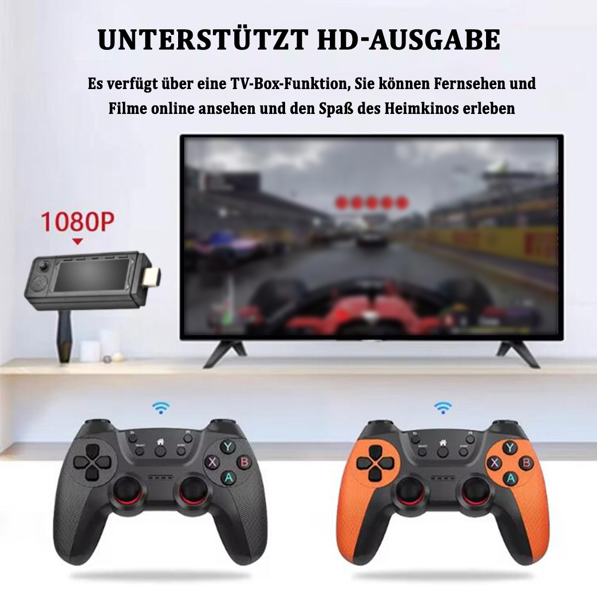 TV con controller di gioco. Un piccolo dispositivo. Sfondo bianco.