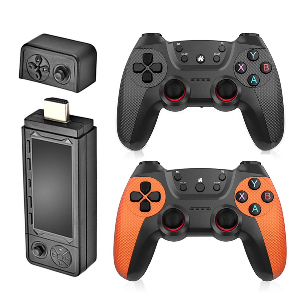 Controller di gioco neri e arancioni e un dispositivo nero con schermo.