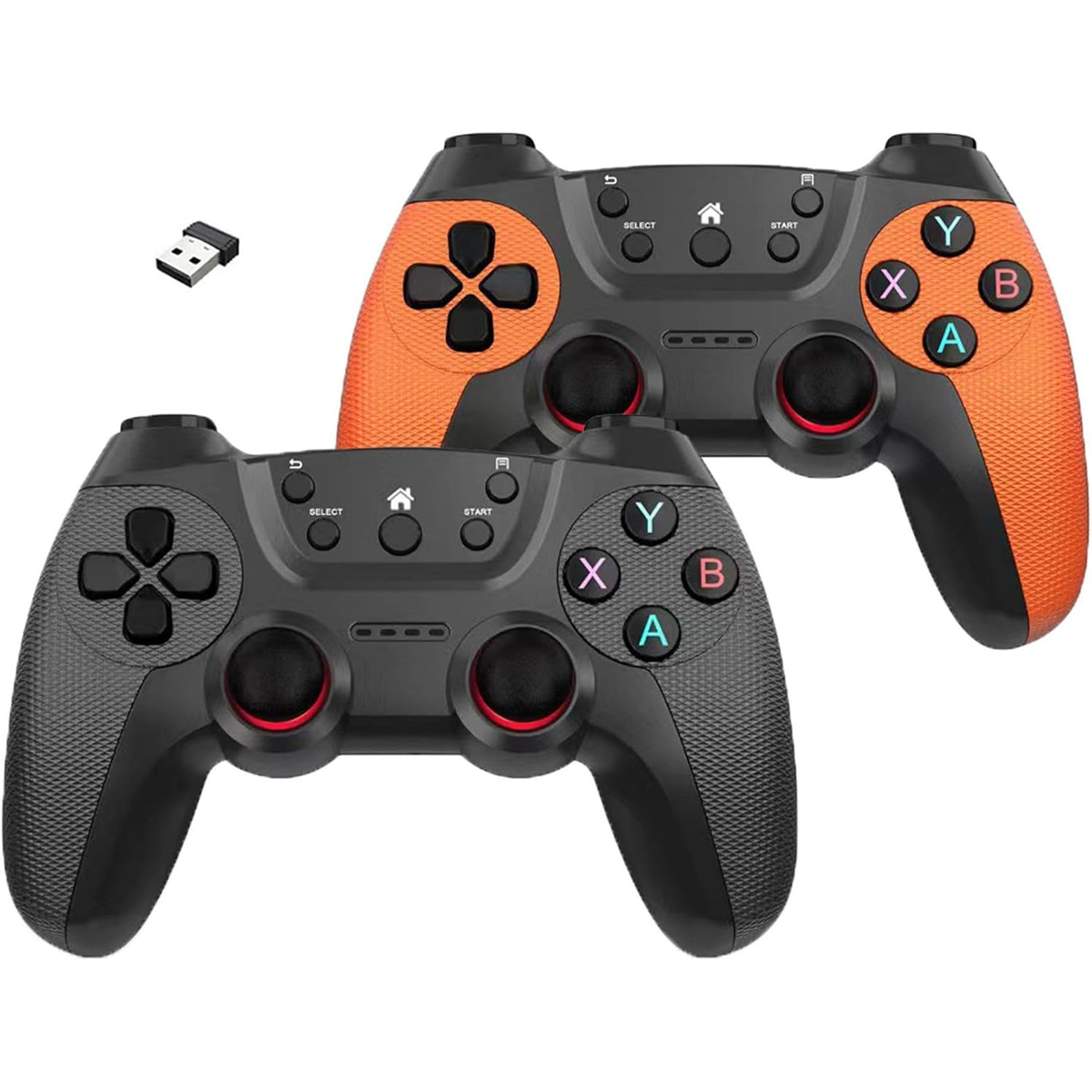 Due controller di gioco neri e arancioni con pulsanti e un ricevitore USB.