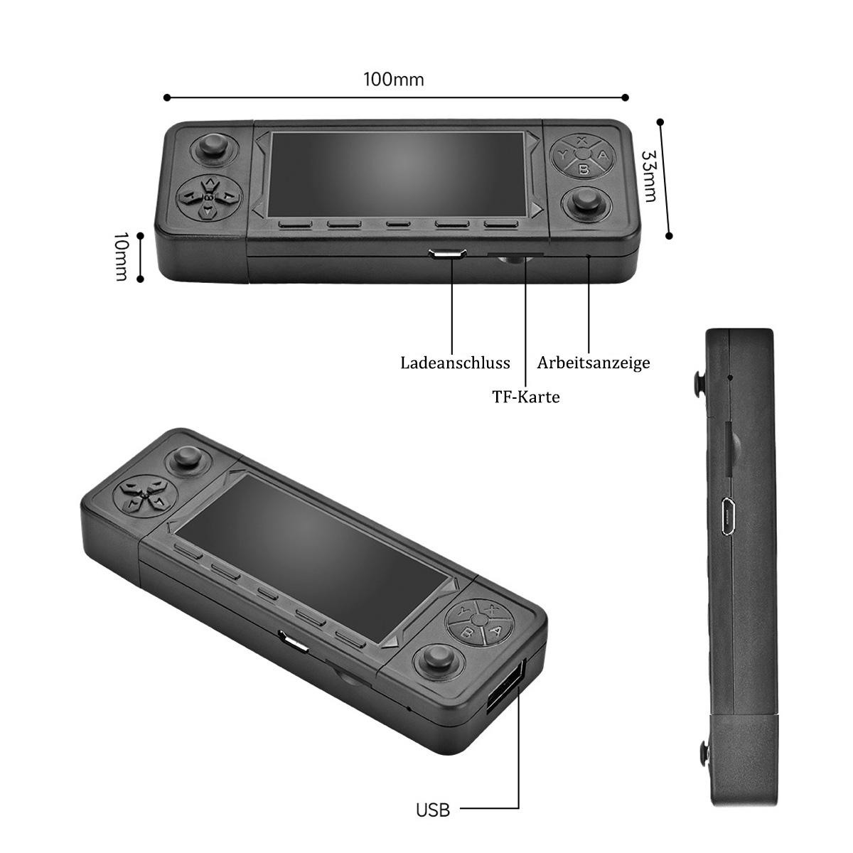 Una console di gioco portatile nera. Ha uno schermo, pulsanti e slot. Le dimensioni in mm sono visualizzate.