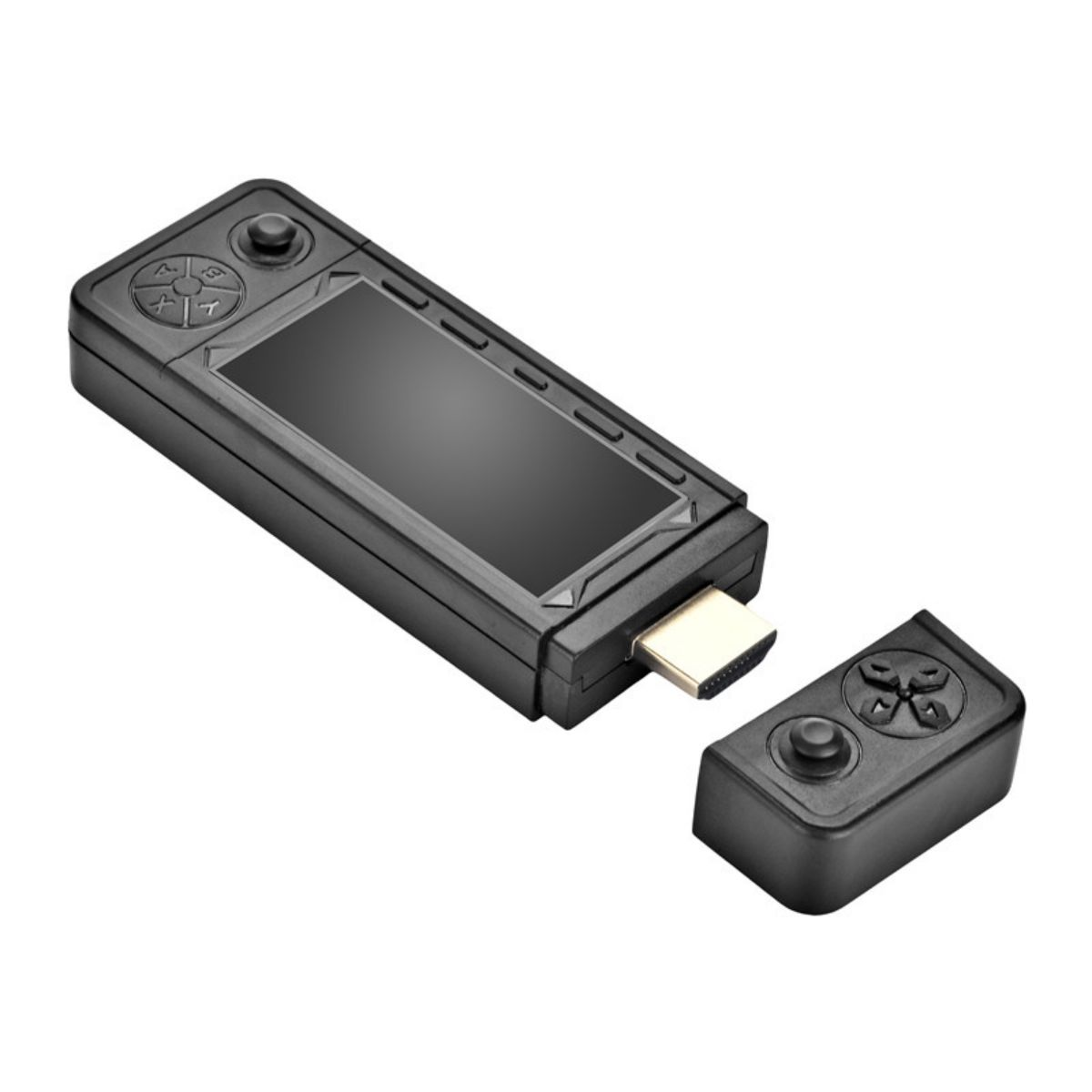 Una piccola console di gioco portatile nera con un controller staccato.