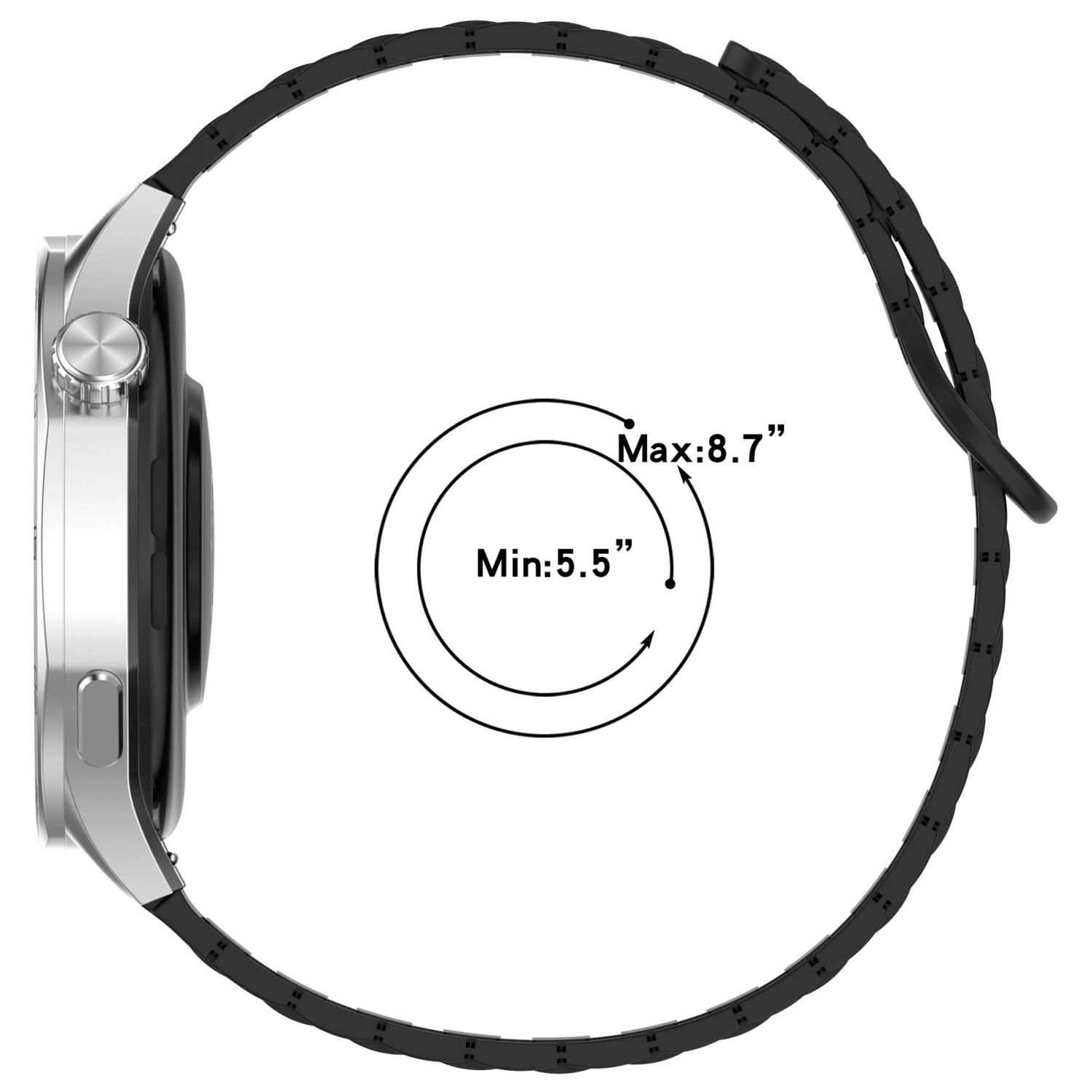 Silberne Smartwatch mit schwarzem Armband, die Größenabmessungen auf einem kreisförmigen Display zeigt.