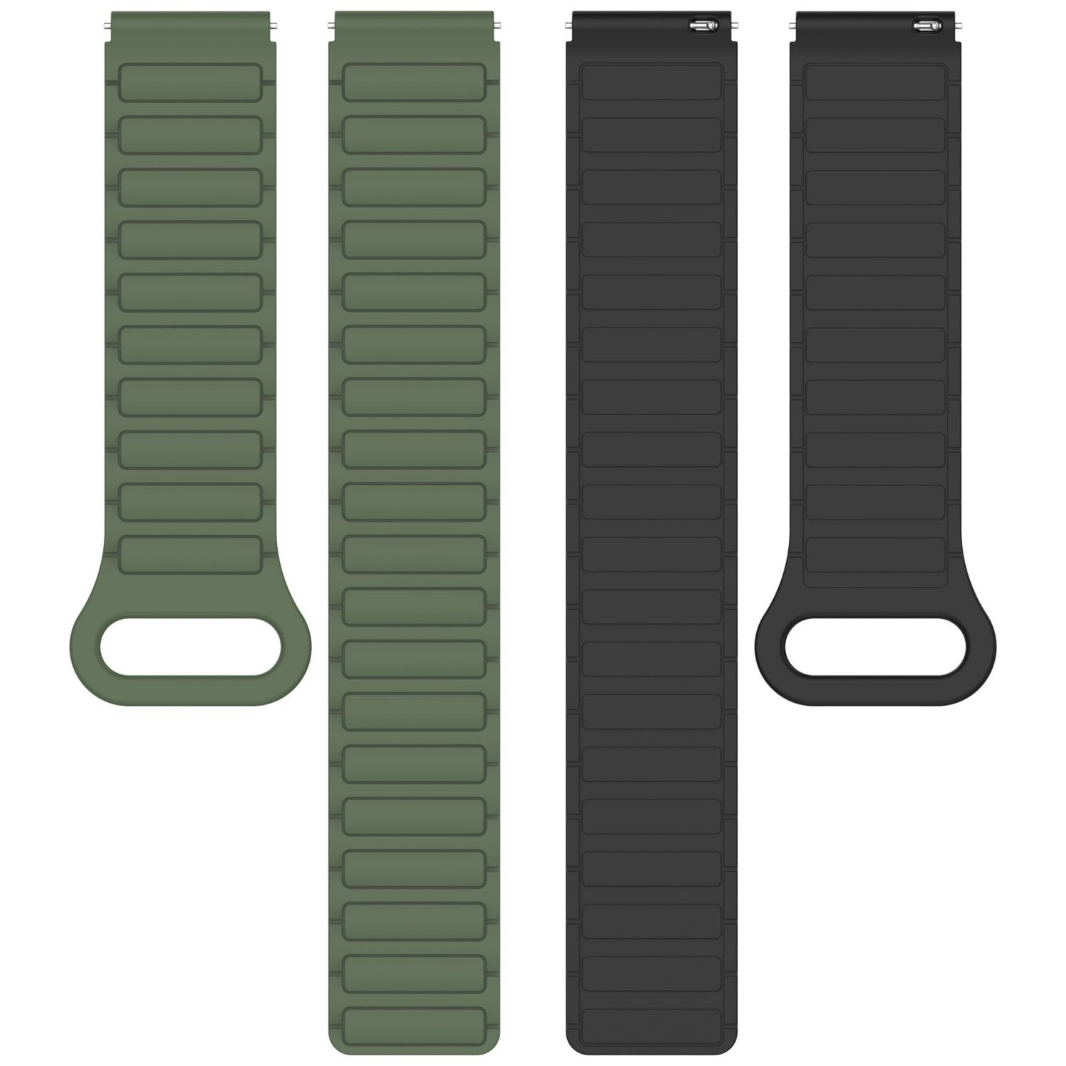 Zwei Uhrenarmbänder, eines grün, eines schwarz. Beide haben ein strukturiertes, segmentiertes Design.