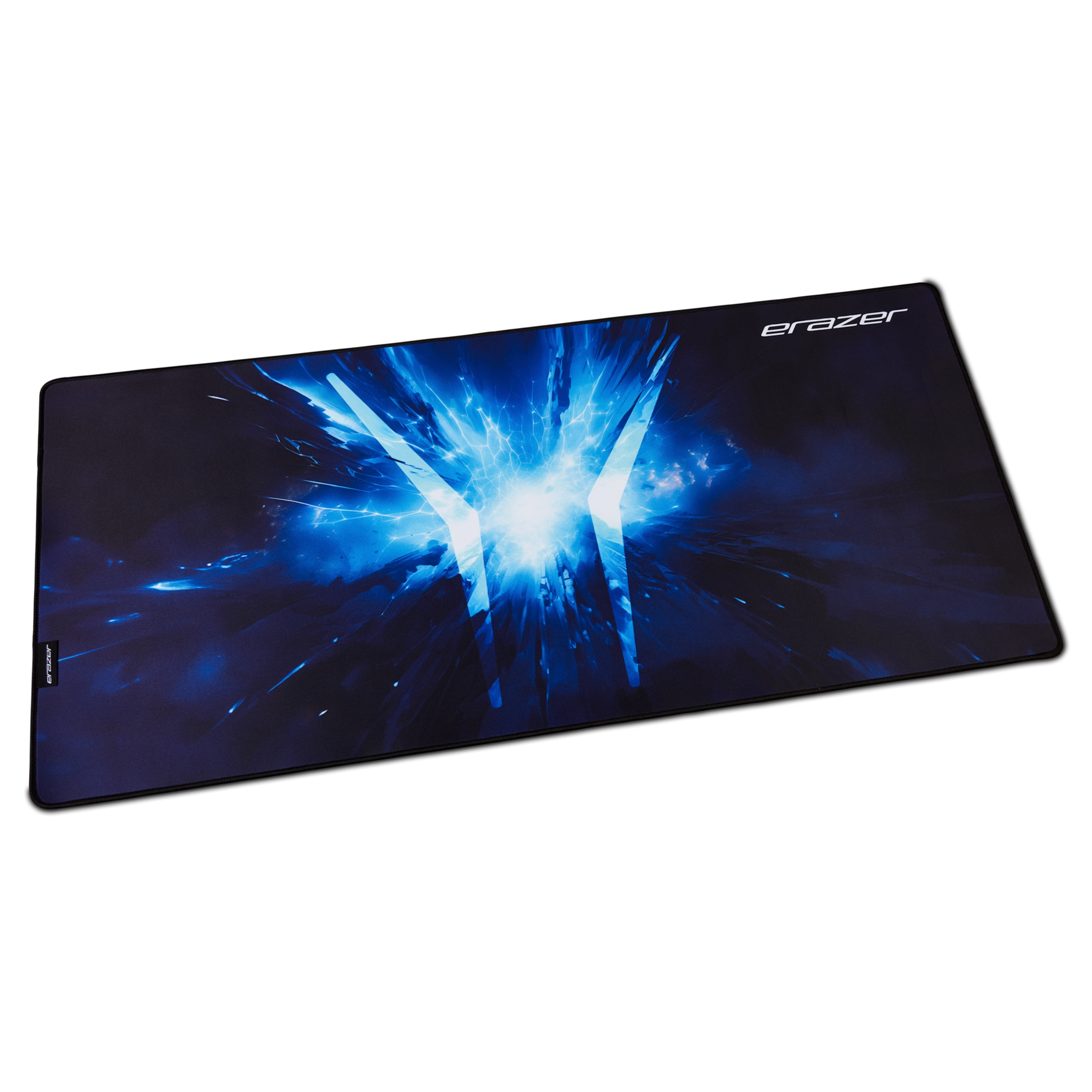 A black mousepad with a blue and white design. The word 'erazer' is printed on it.