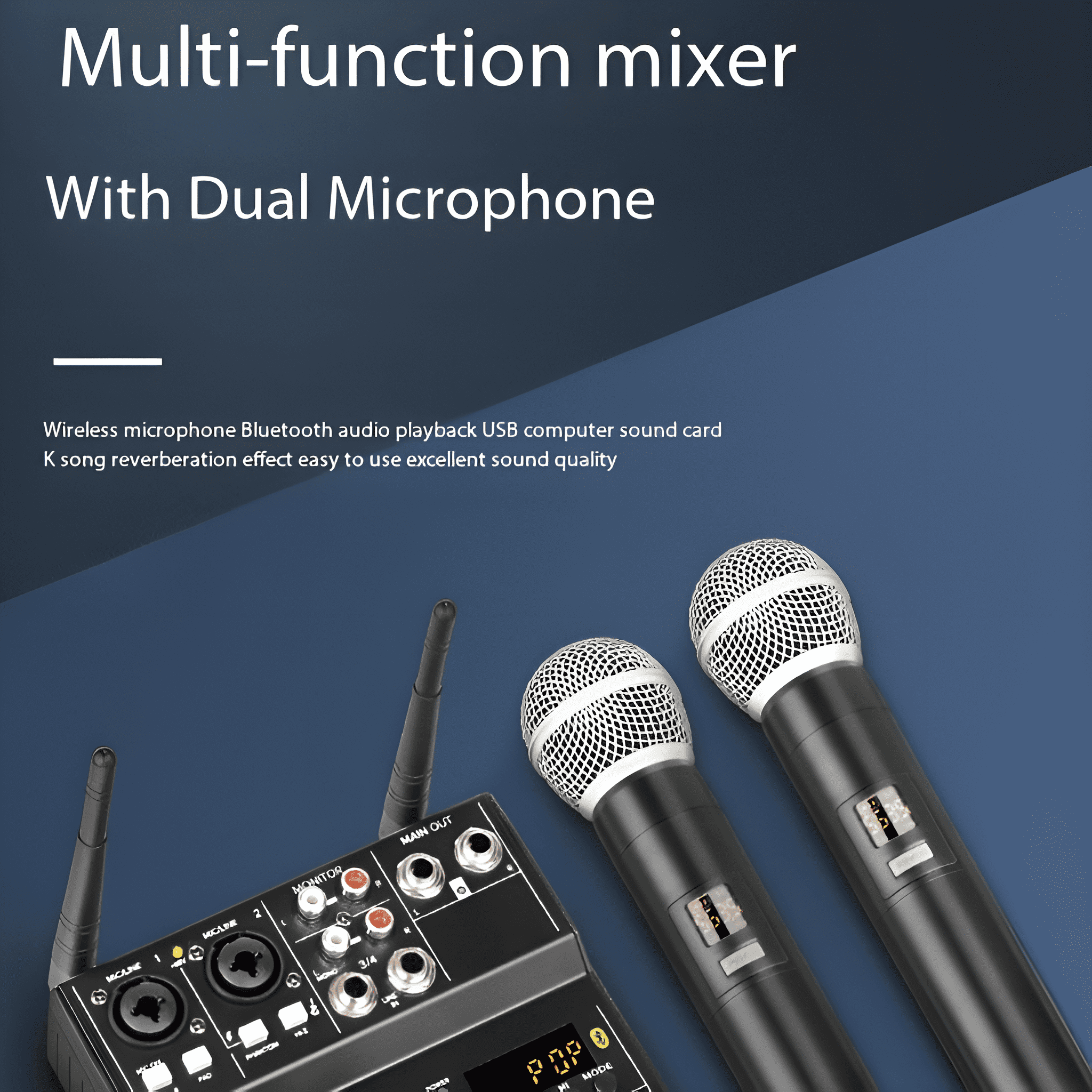Ein multifunktionaler Mixer mit zwei Mikrofonen auf dunklem Hintergrund.