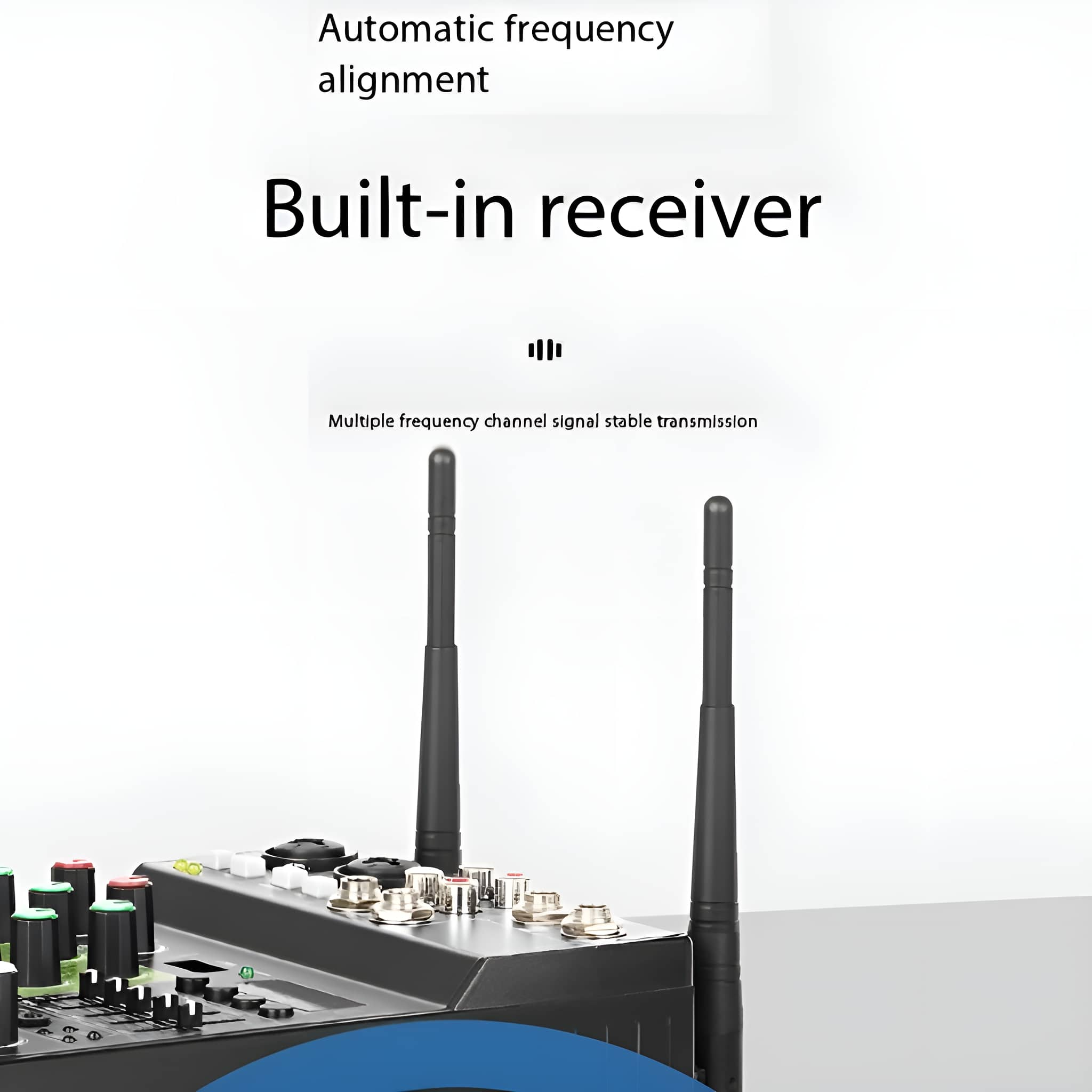 Audiomixer mit zwei Antennen, Text lautet Automatische Frequenzausrichtung und Eingebauter Empfänger.