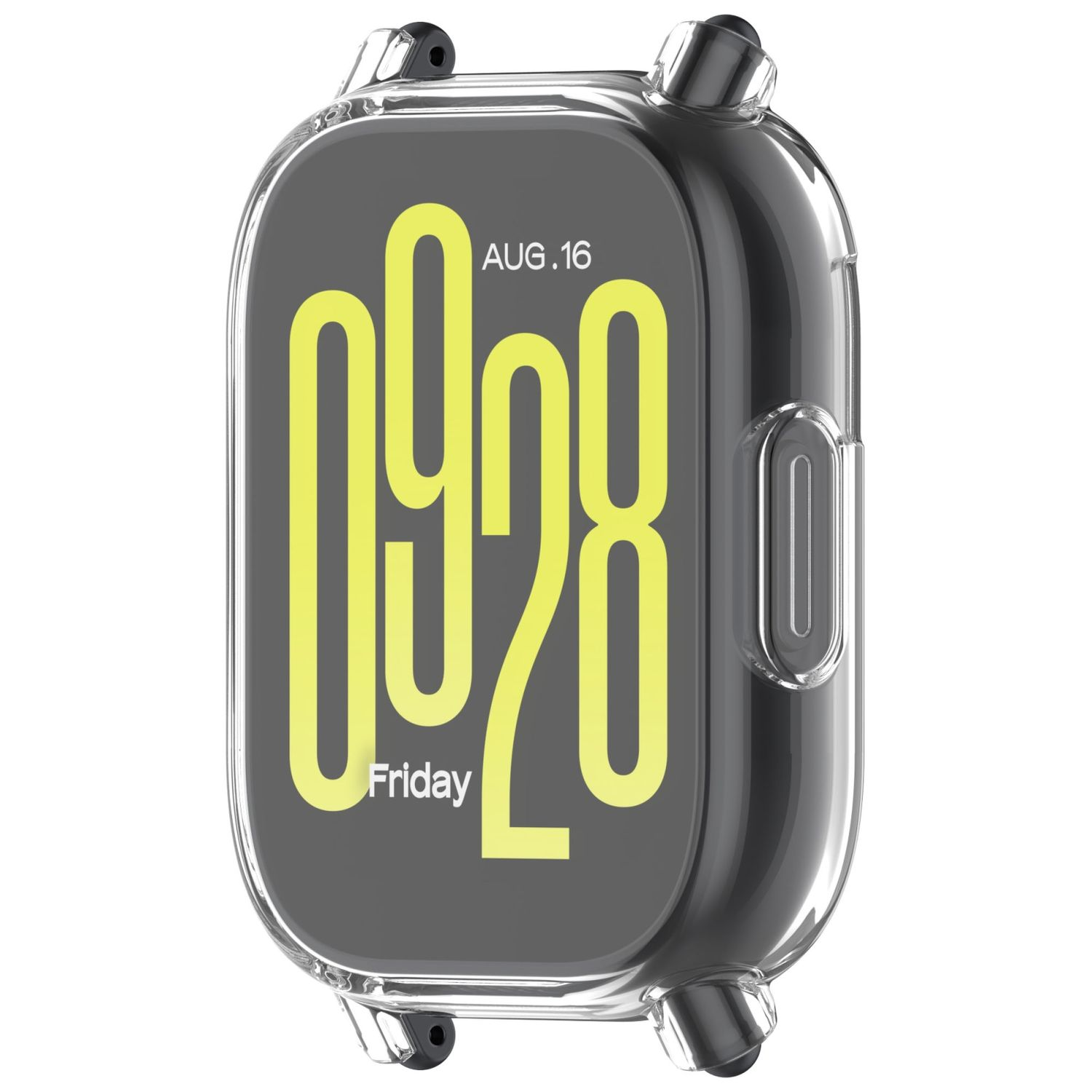 Eine Smartwatch-Hülle mit digitaler Anzeige. Die Anzeige zeigt 'AUG.16' und den Tag 'Freitag' mit Uhrzeit.