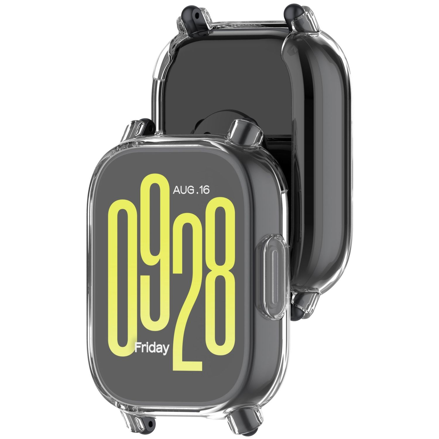 Smartwatch-Gehäuse in zwei Teilen. Das Zifferblatt ist mit Datum und Uhrzeit sichtbar. Das Gehäuse ist schwarz und transparent.