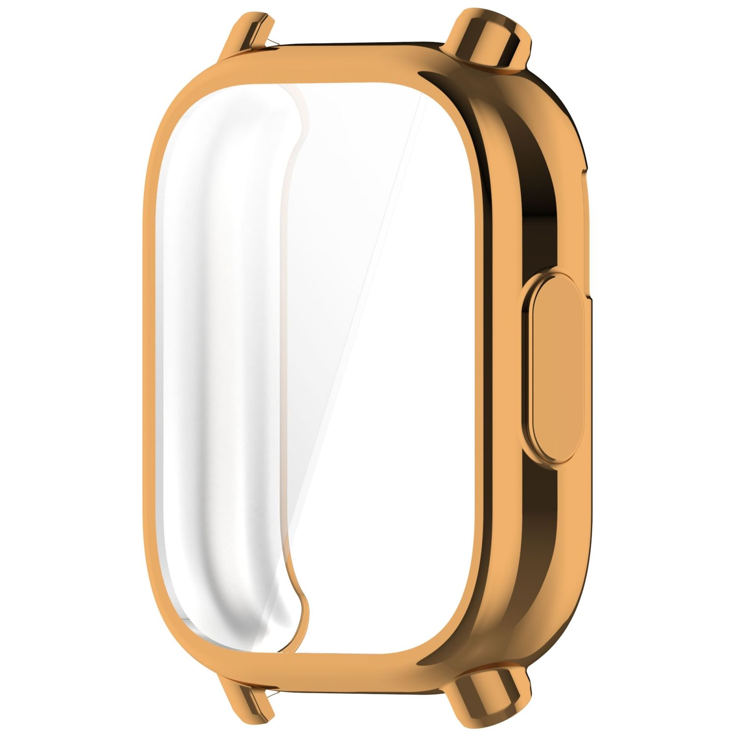 Goldener Uhrengehäuseschutz mit klarem Bildschirm und Knopf, auf weißem Hintergrund.
