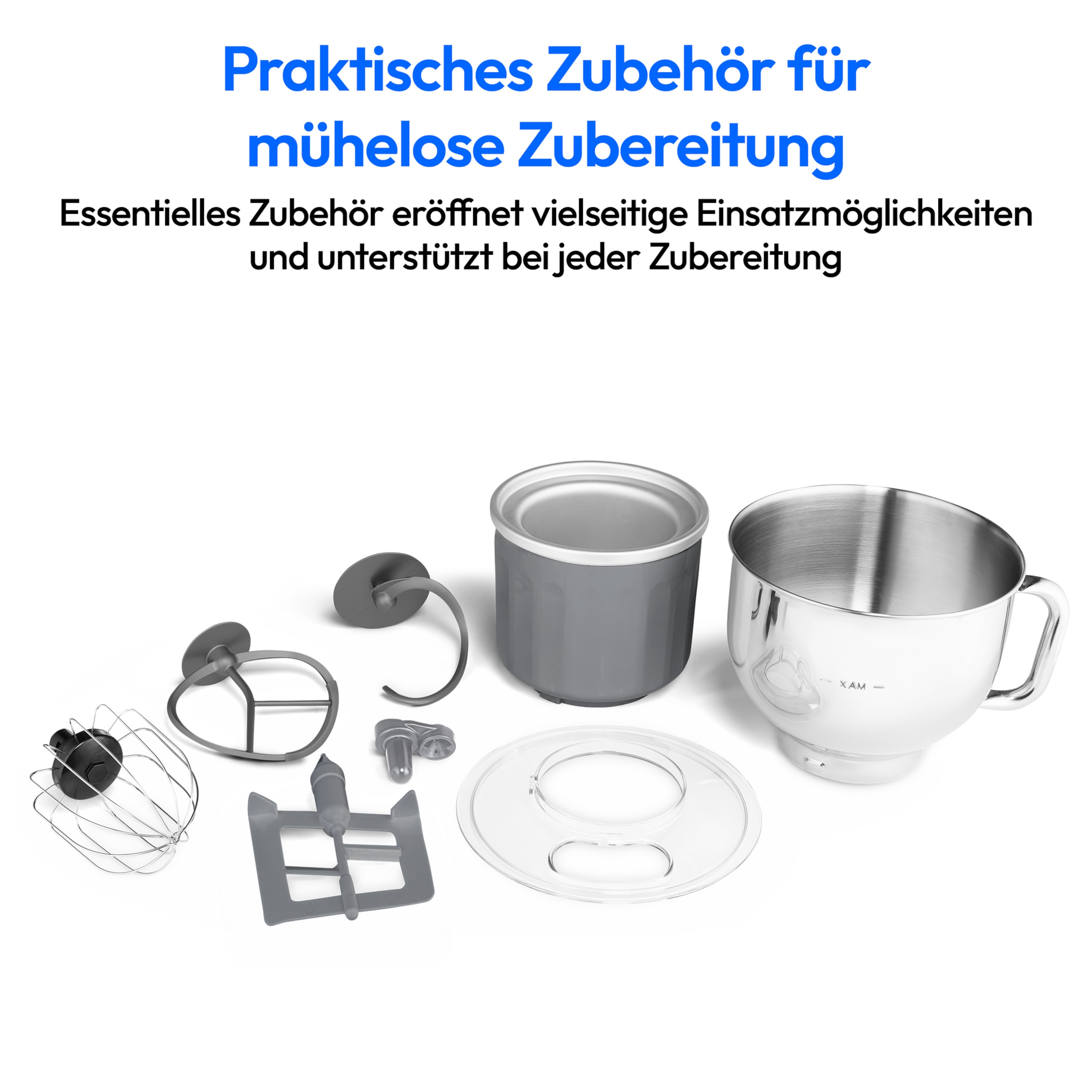 Küchenzubehör ist auf einer weißen Oberfläche angeordnet. Text steht über dem Zubehör auf Deutsch.