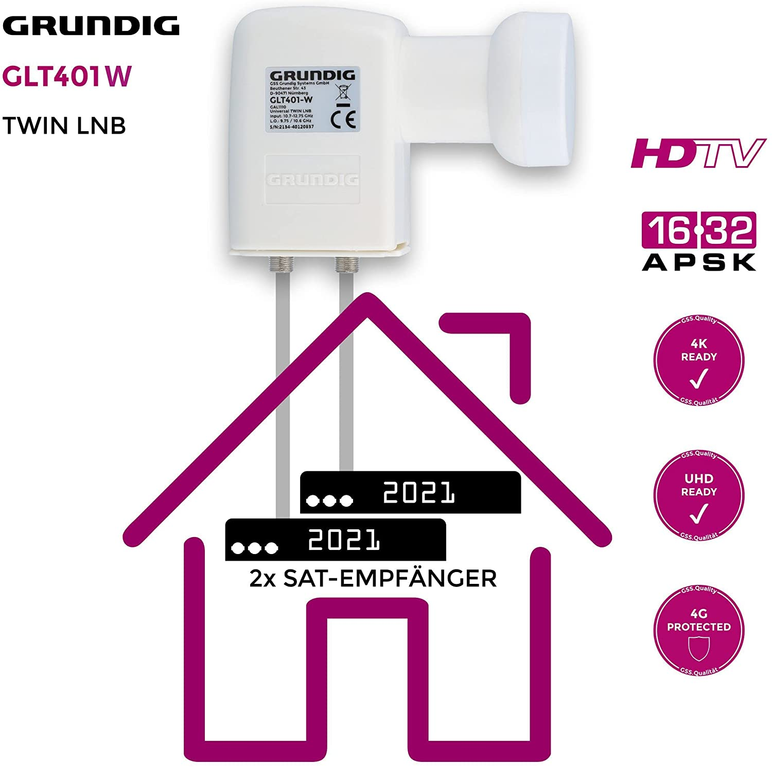 Ein weißer Satellitenempfänger mit Text und Grafiken. Es ist mit einer Hausillustration verbunden.