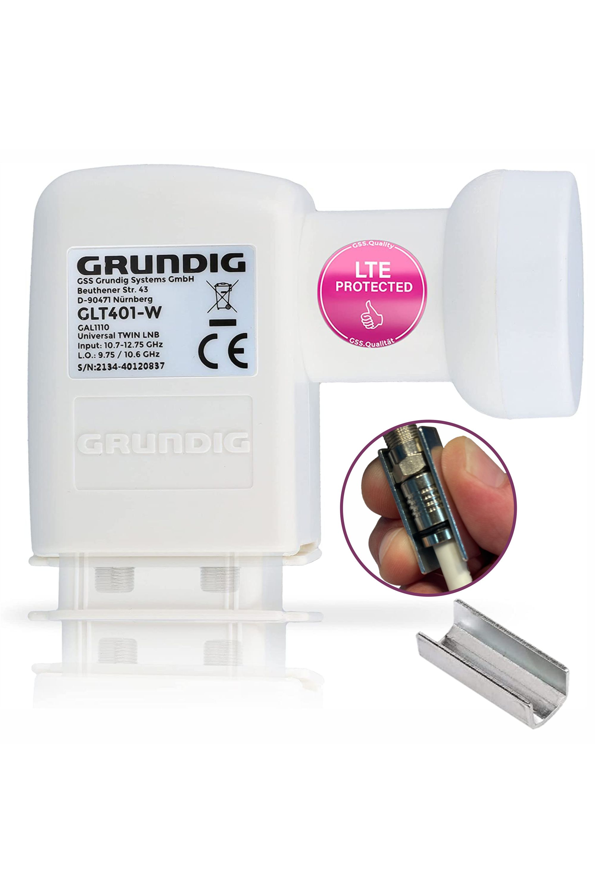 Ein weißer Grundig Satellitenempfänger mit einem pinkfarbenen LTE-Schutzaufkleber.