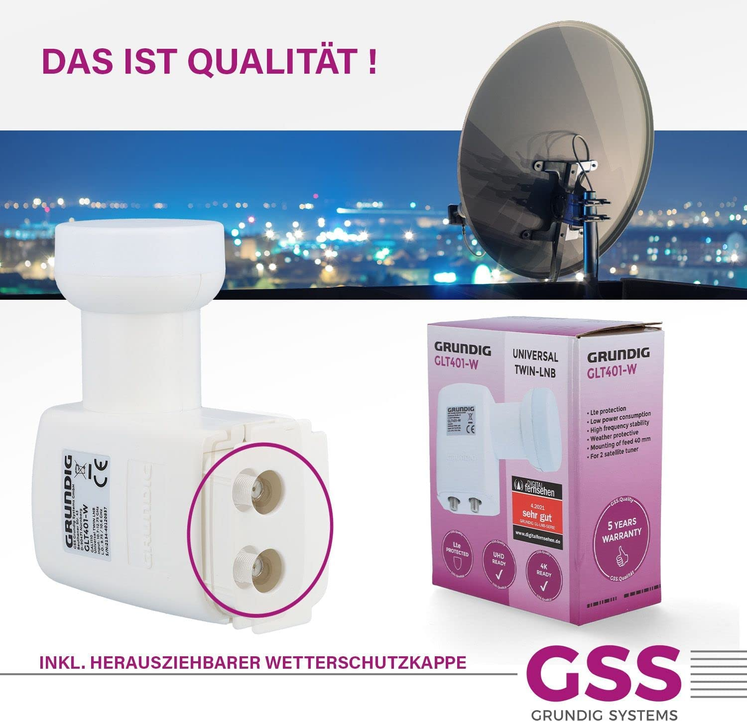 Satellitenausrüstung, eine weiße Schüssel mit einer Box und Branding.