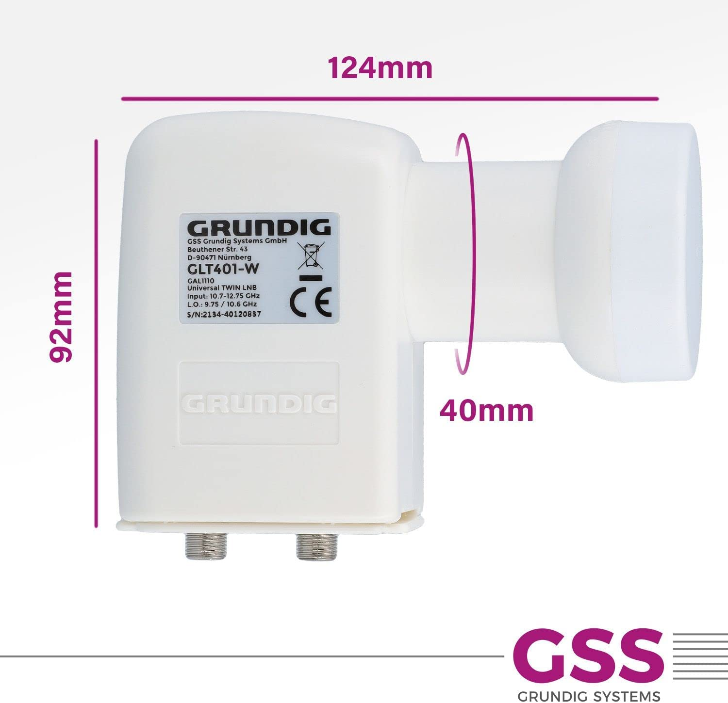 Weißes Grundig LNB mit Abmessungen. Weißer Hintergrund. Maße in mm.