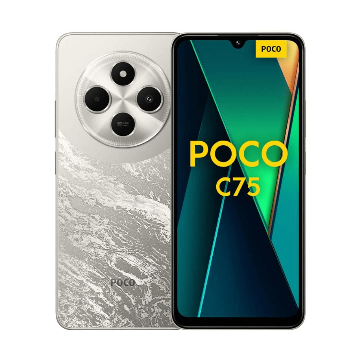 Telefono argento e bianco con gruppo fotocamere e display.