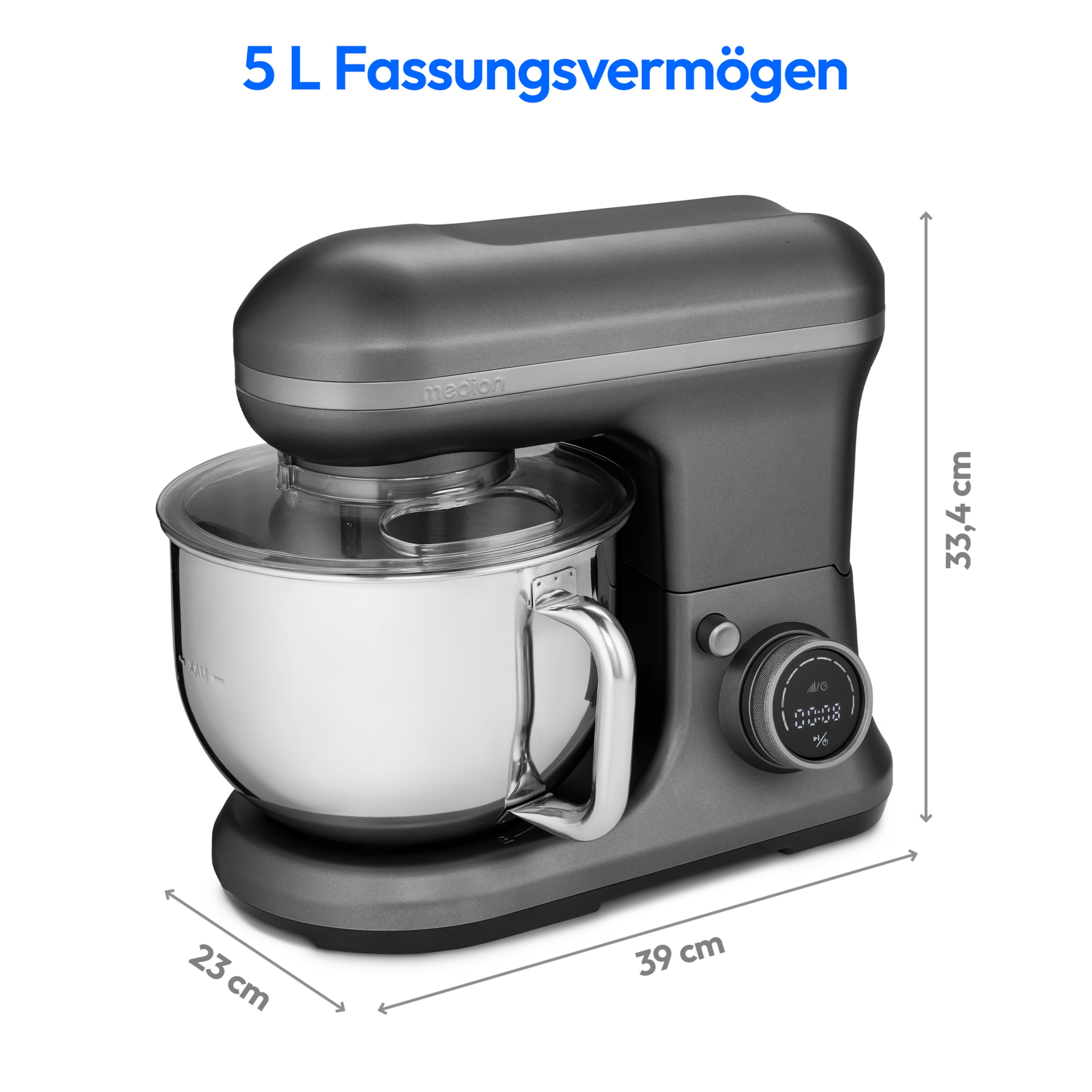Ein grau-schwarzer Küchenmixer mit einer Schüssel. Es hat Maße und Abmessungen für das Produkt.