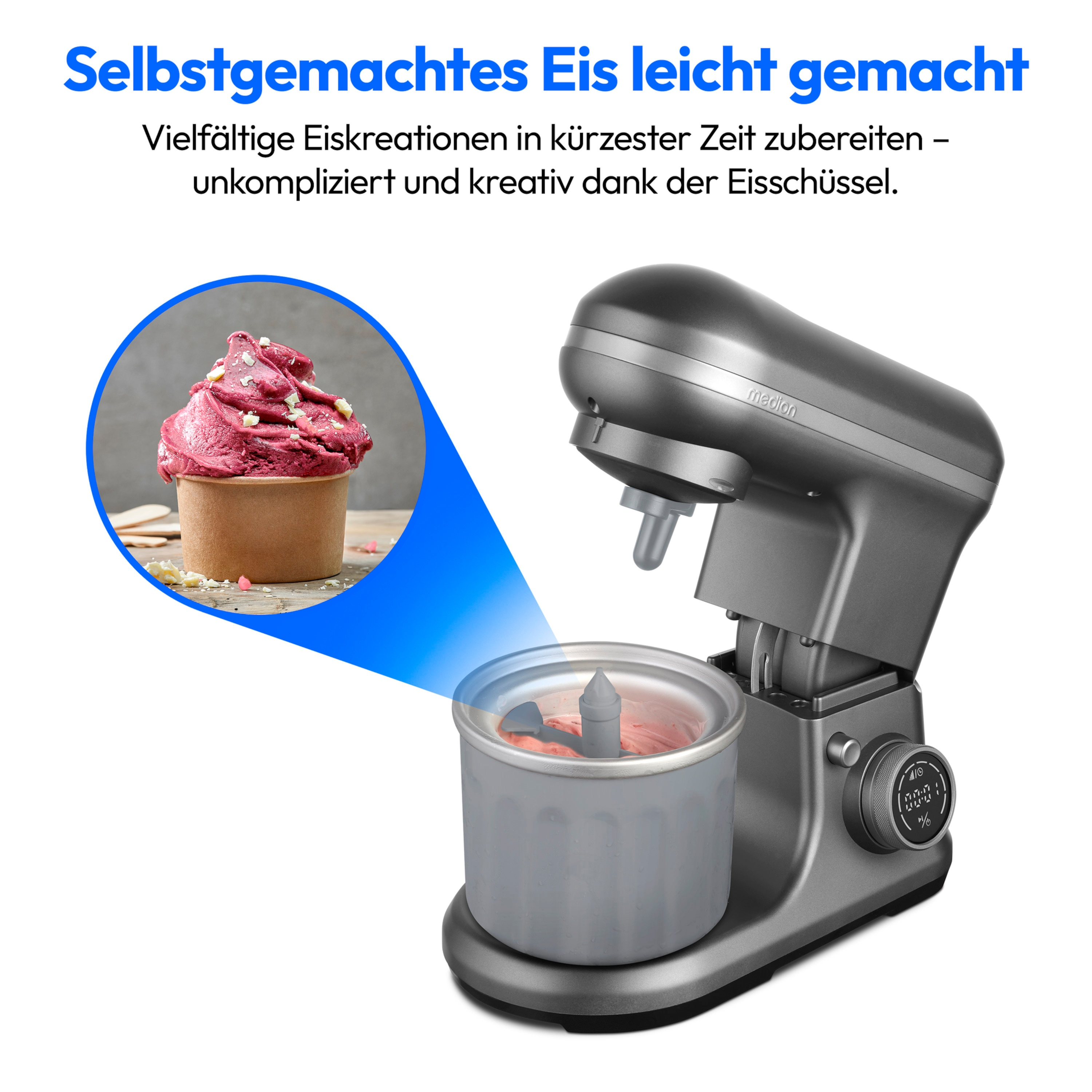 Eismaschine mit rosa Eiscreme-Schüssel links und Maschine rechts.