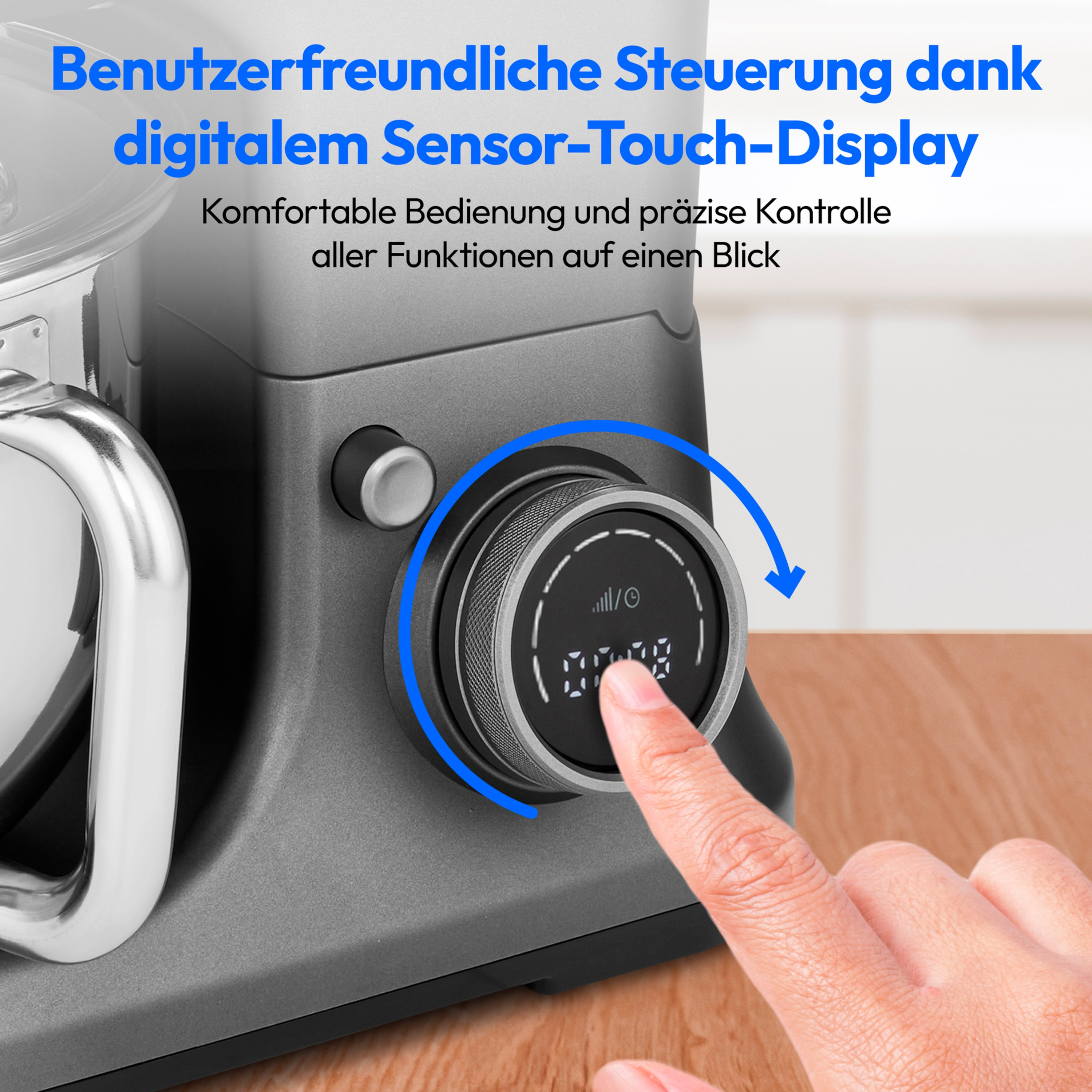 Finger berührt digitalen Bildschirm eines grauen Küchengeräts. Text: Digitales Sensor-Touch-Display.