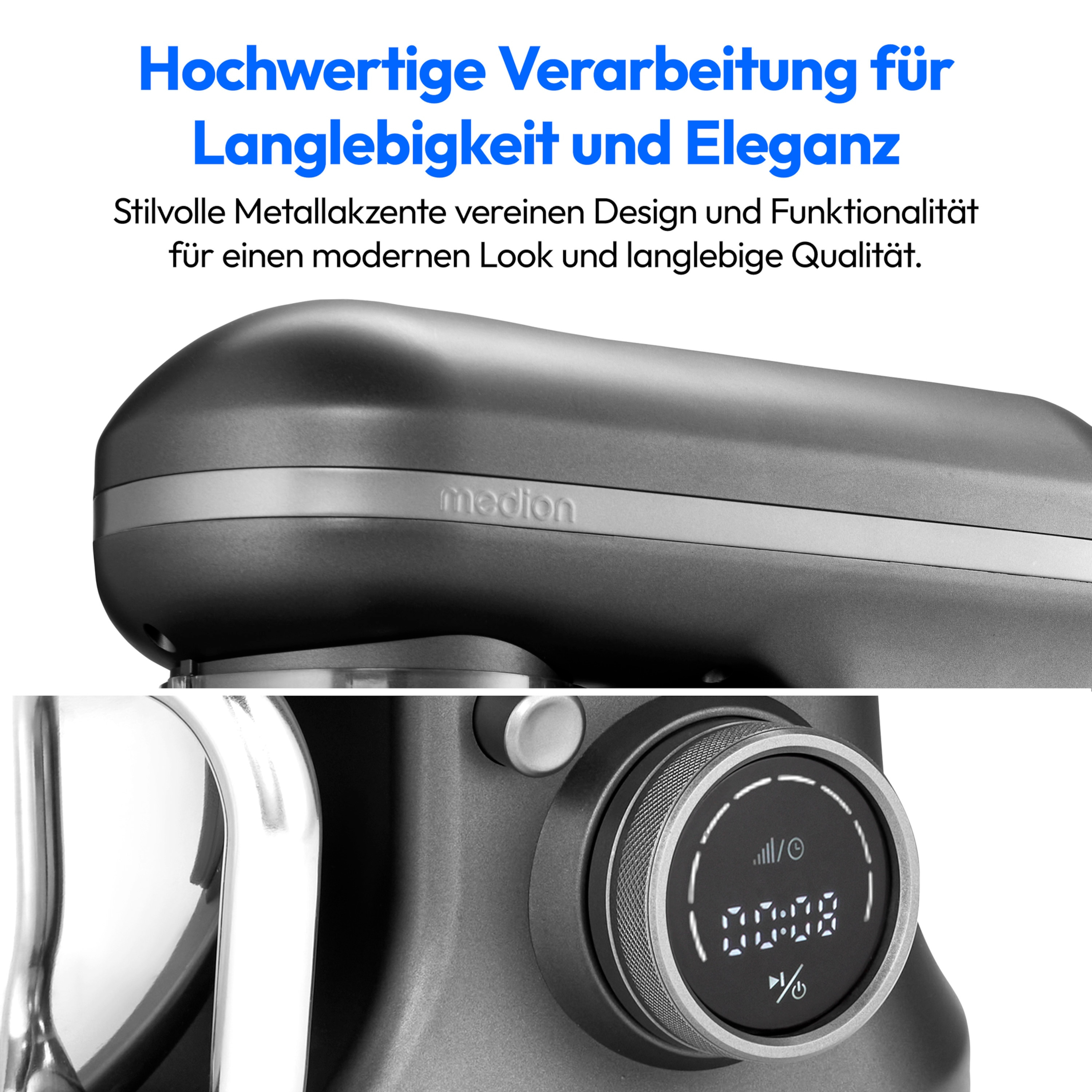Nahaufnahme eines dunkelgrauen Küchengeräts mit Digitalanzeige und metallischen Akzenten.