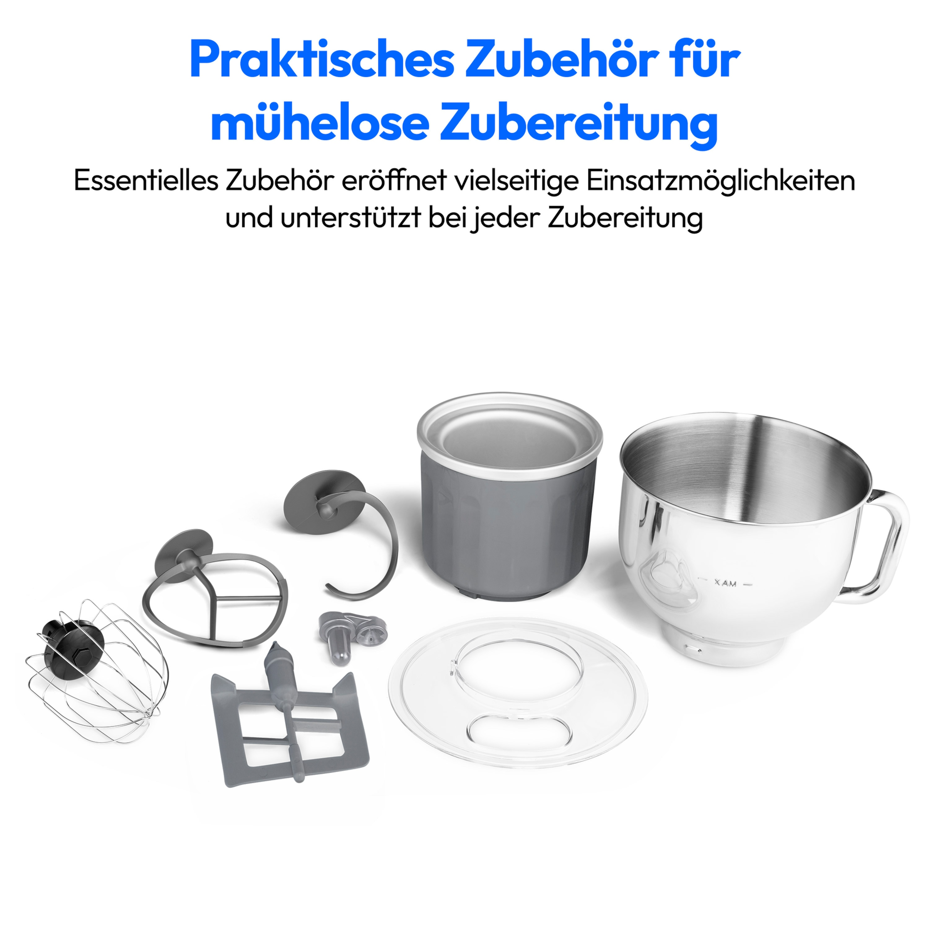 Küchengeräte Zubehör angezeigt. Enthält eine Schüssel, Klingen und andere Teile.