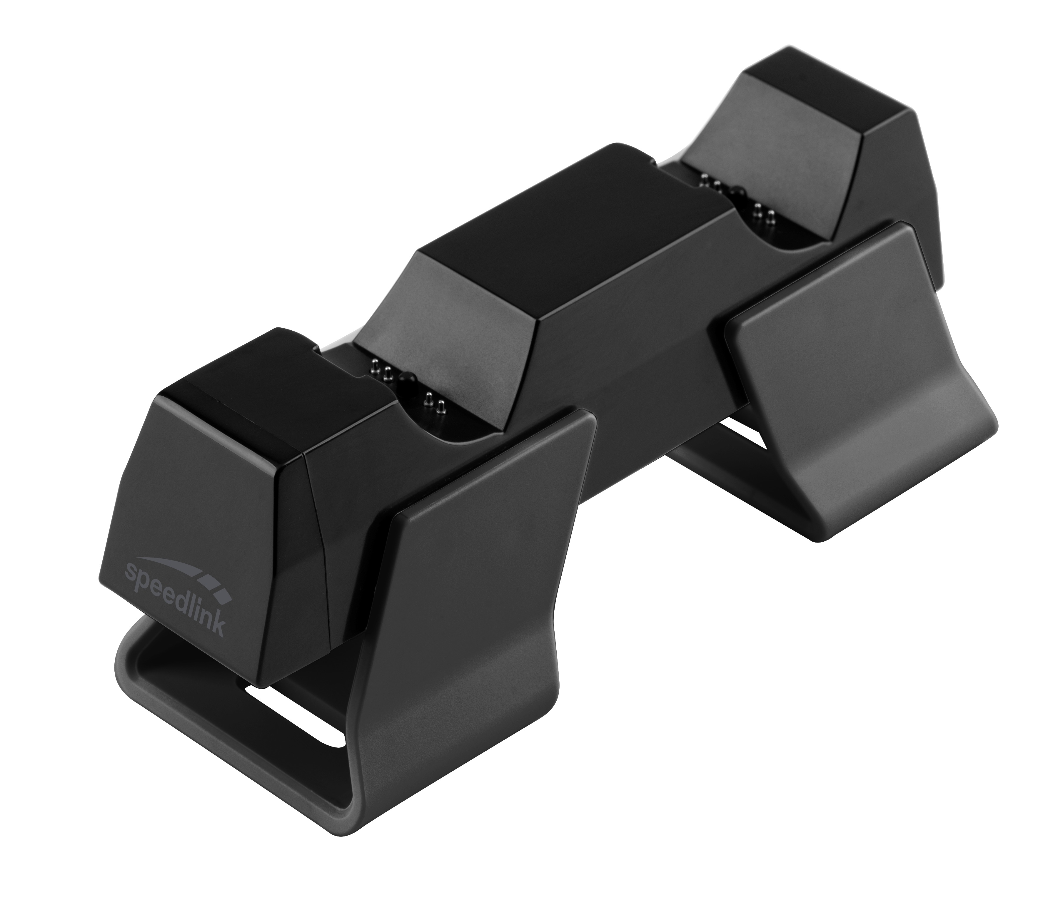 Black game controller charging station. Angled design, Speedlink logo.
