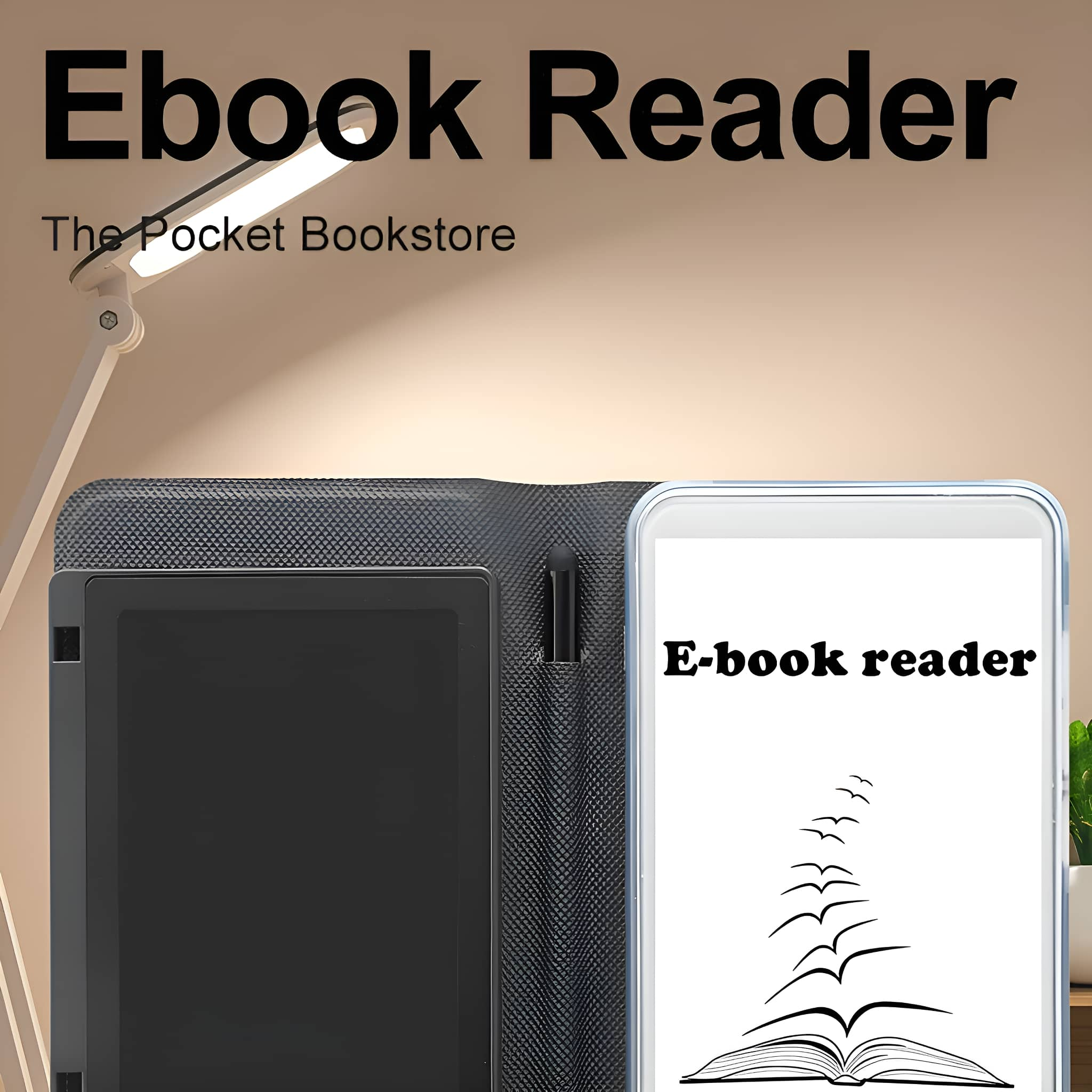 Ein E-Book-Reader auf einem Tisch mit Lampe und Telefon, Text sagt 'E-Book-Reader'.
