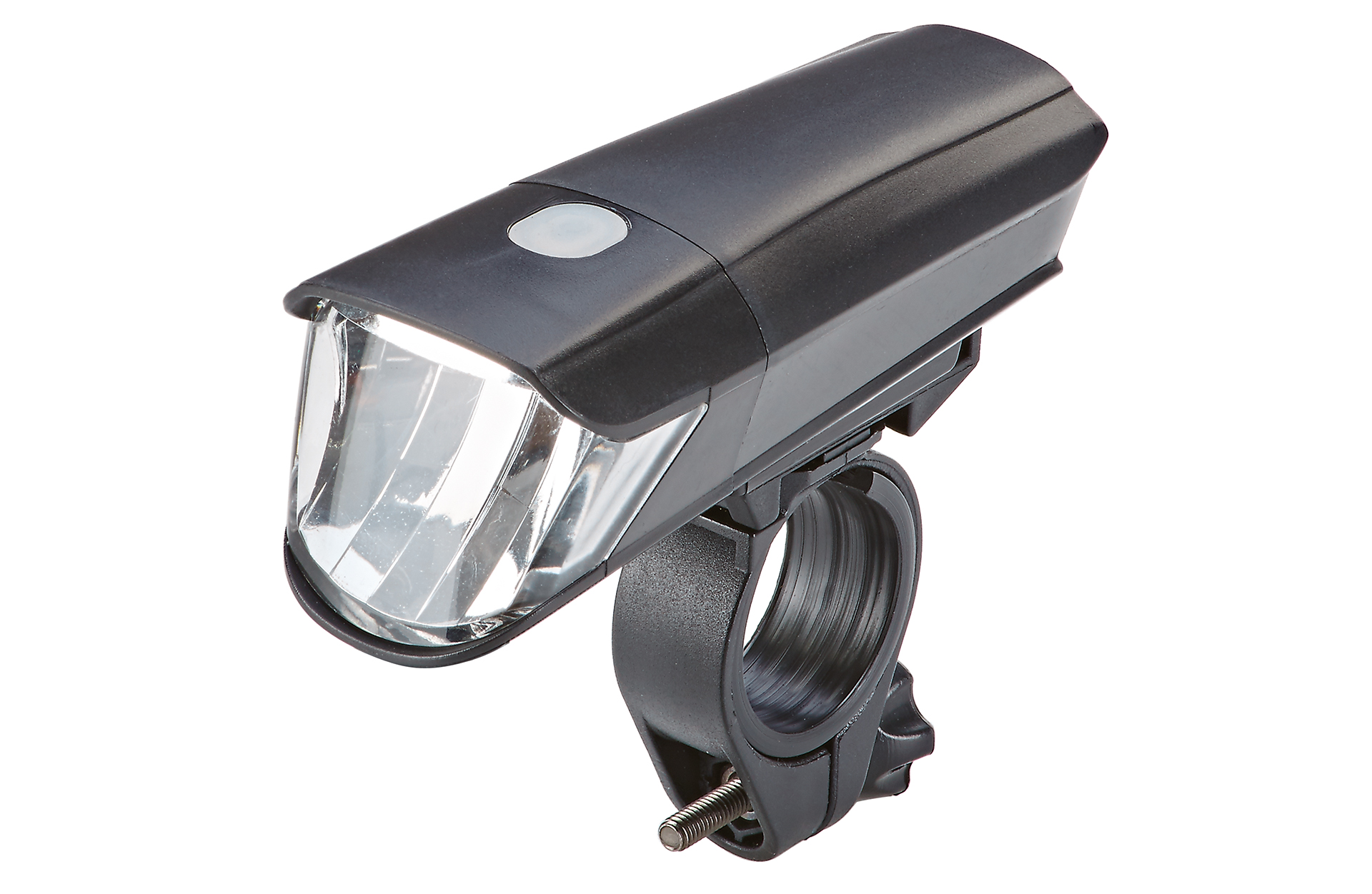 Schwarzes Fahrradlicht mit Halterung. Weißer Hintergrund.
