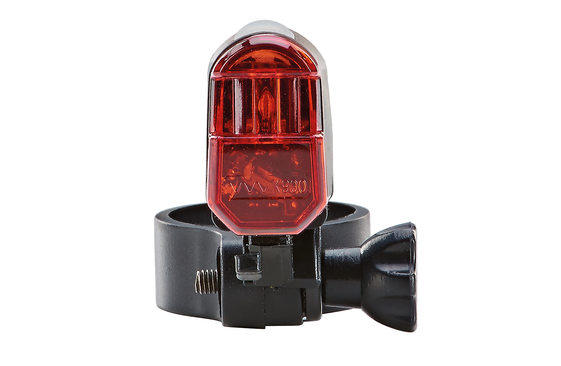 Rotes Fahrradlicht mit schwarzer Halterung, weißer Hintergrund.