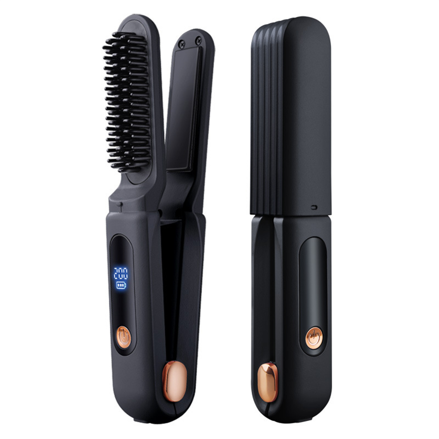 Zwei schwarze Haarglätter mit Digitalanzeigen und goldenen Knöpfen, einer offen und einer geschlossen.